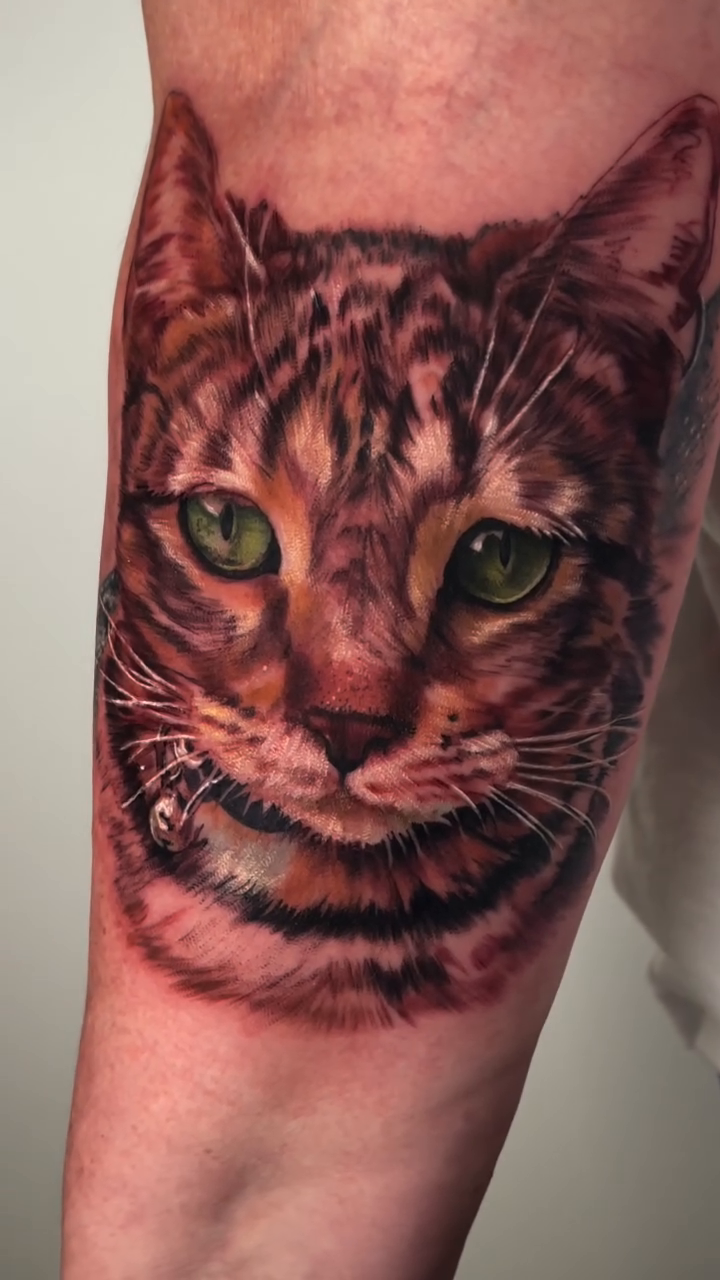Cat portrait realism tattoo by Claude Steven Estrada, Las Vegas, Nevada