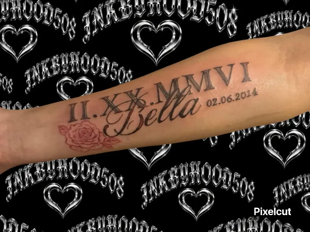 Name and date lettering script tattoo on the forearm by Hood