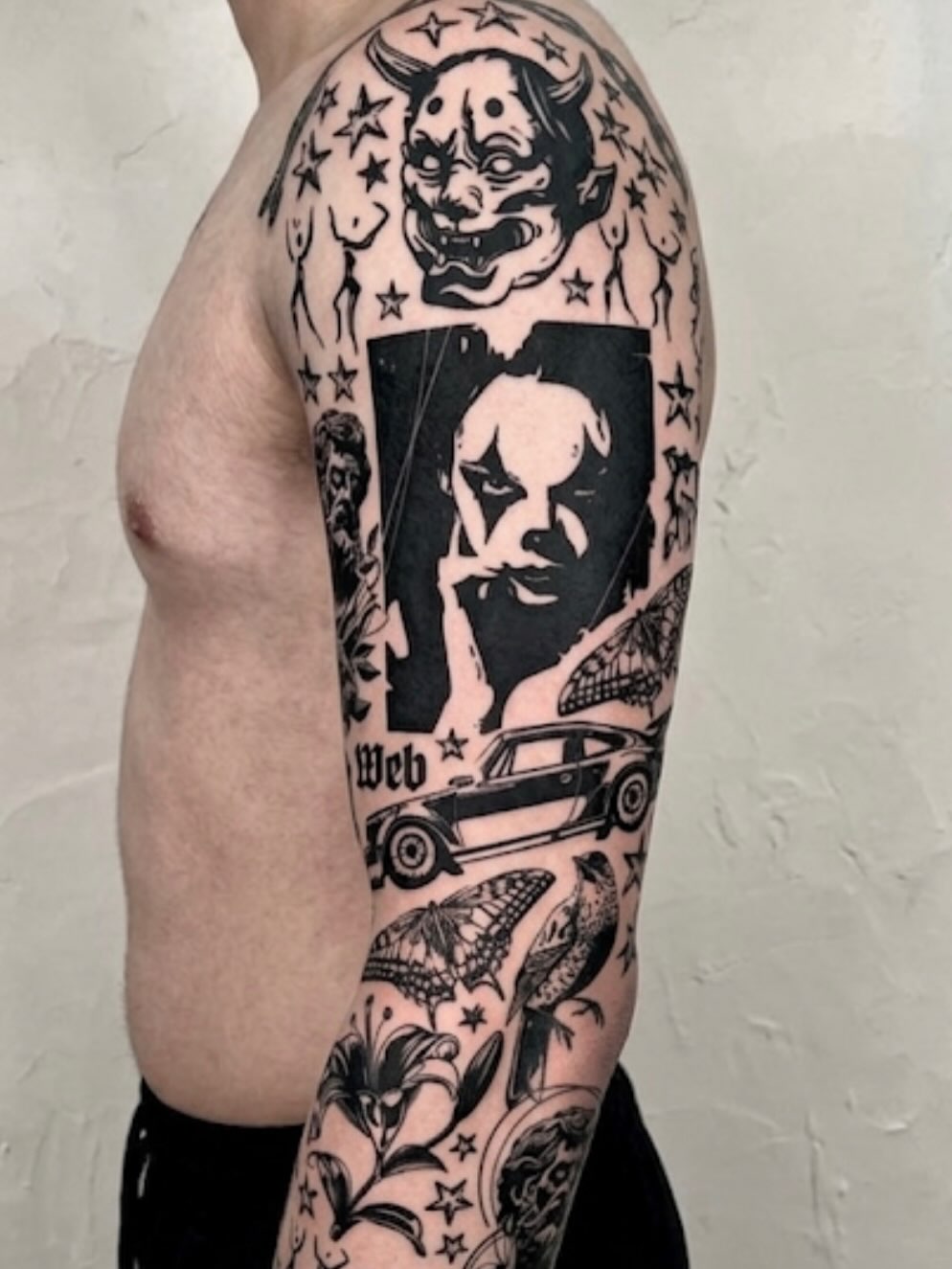 Clown and car black and grey tattoo on the forearm by Koreatattoo Seoultattoo hongdaetattoo 서울타투