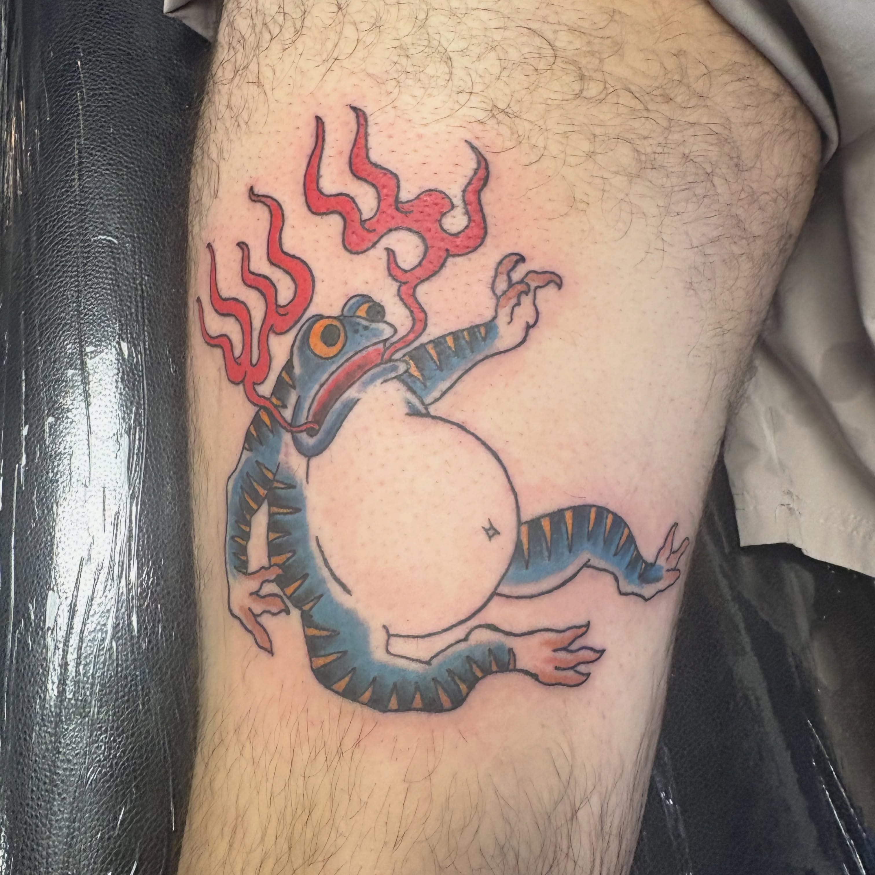 Fat dragon American traditional tattoo on the thigh by Landon Bagley