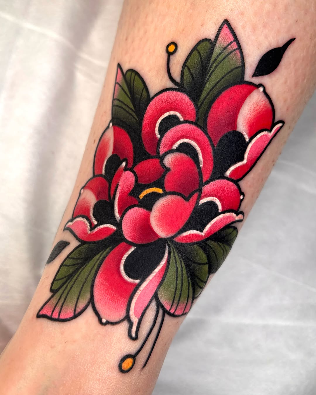 Cherry blossoms American traditional tattoo on the forearm by 부산타투