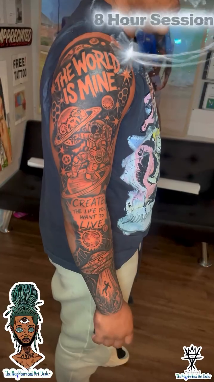 Sleeve with space and text elements realism tattoo on the upper arm by The Neighborhood Art Dealer™️