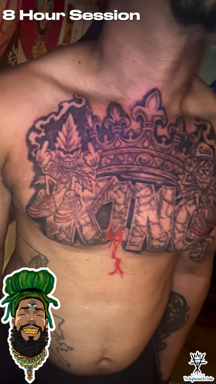Crown with figures realism tattoo on the chest by The Neighborhood Art Dealer™️