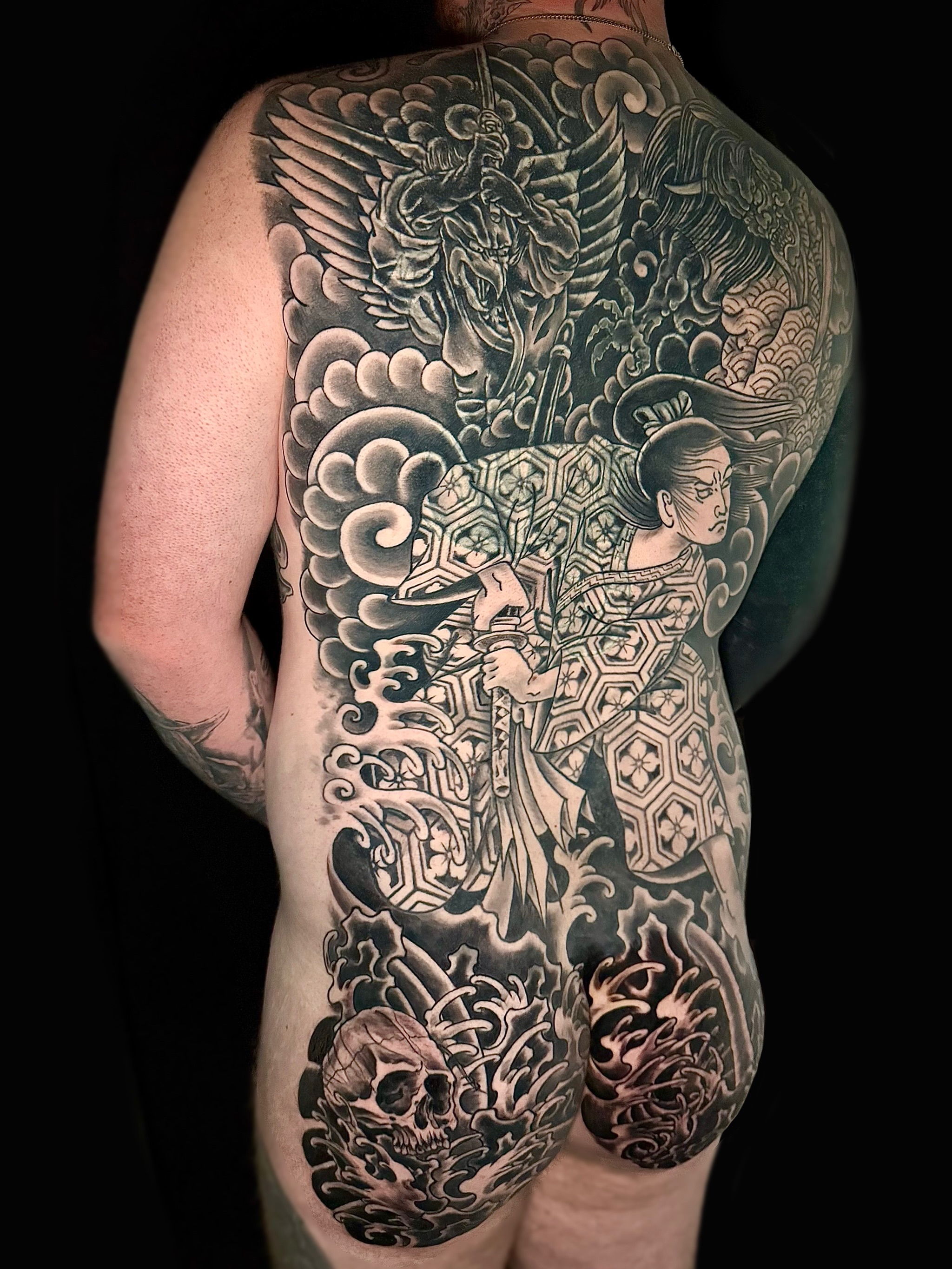 Geisha and dragon japanese irezumi tattoo on the back by @luckybunnytat2