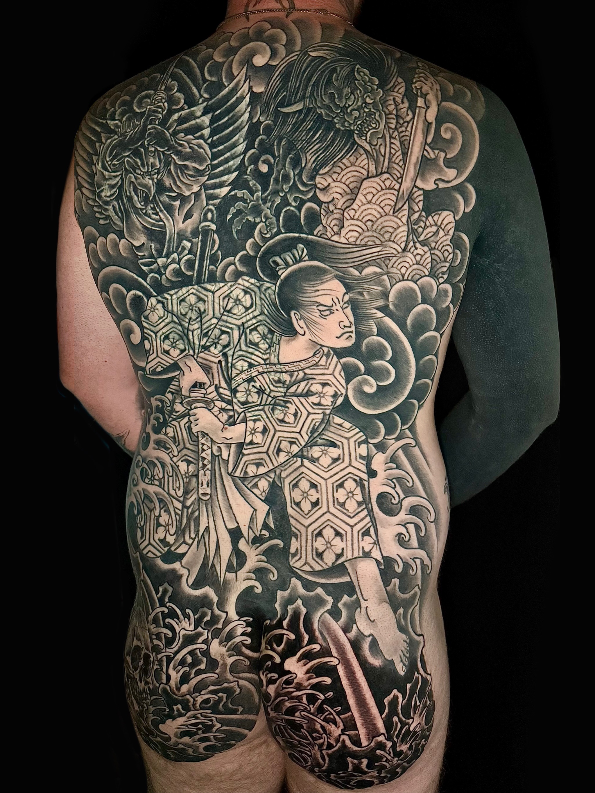 Tattoo by @luckybunnytat2 — japanese_irezumi, black_and_grey