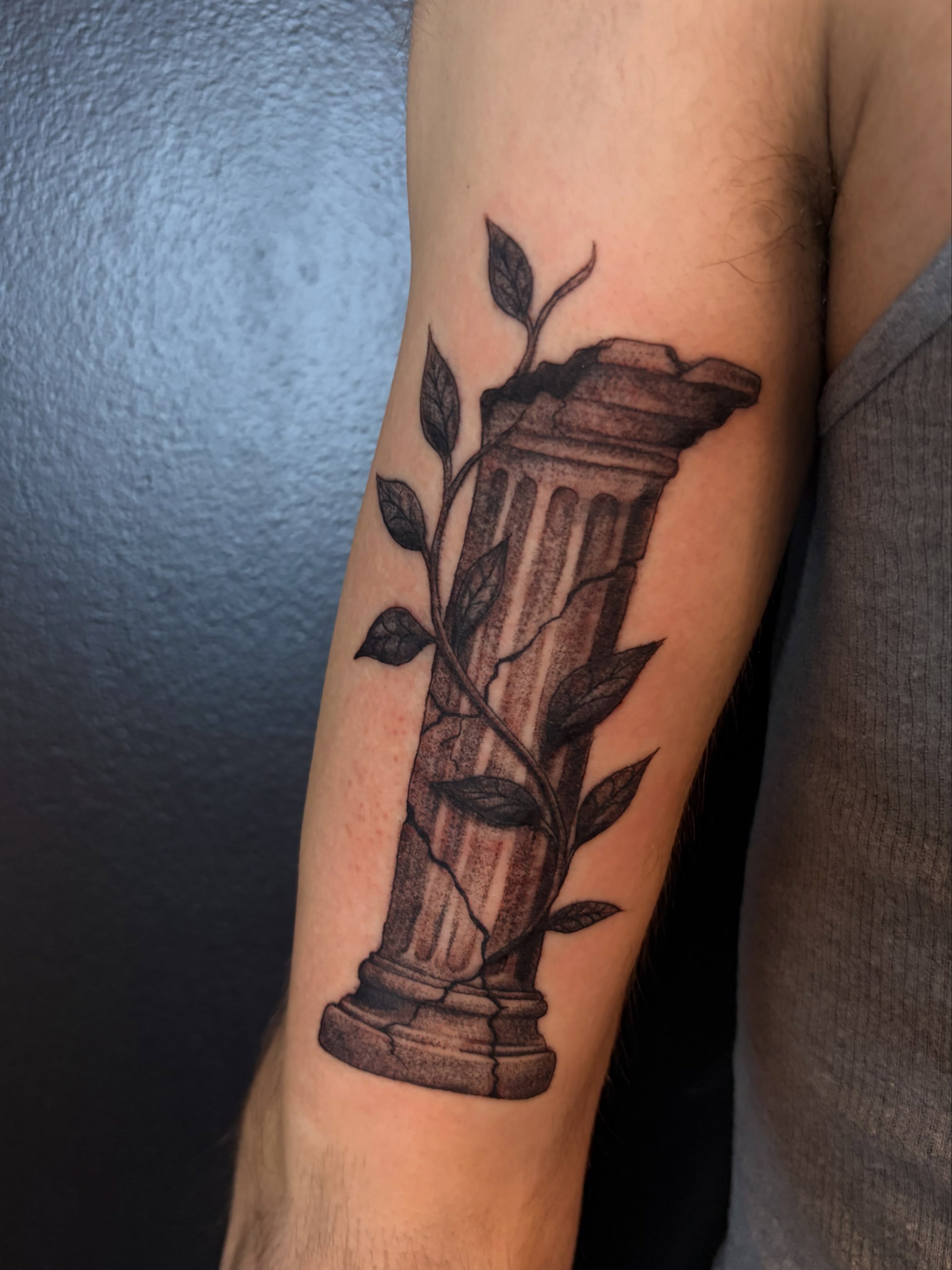 Ancient column with vine black and grey tattoo on the forearm by Inked By E, Philadelphia, Pennsylvania