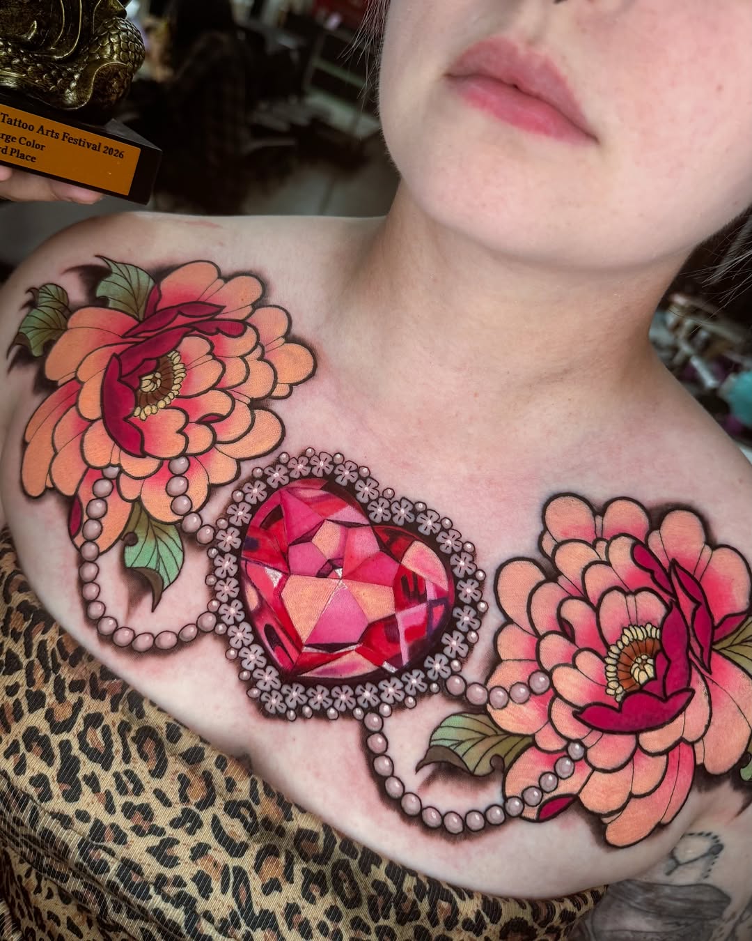 Floral necklace American traditional tattoo on the chest by 𝔐𝔞𝔯𝔰 ✨
