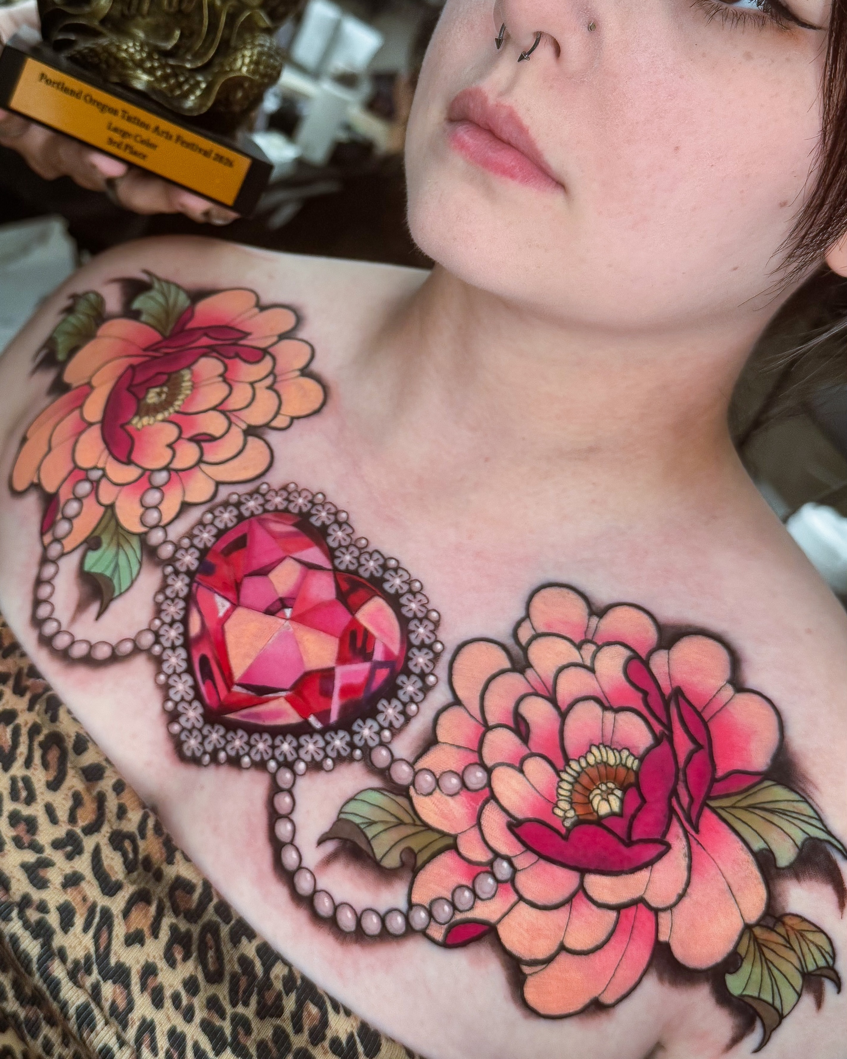 Floral and gem American traditional tattoo on the chest by 𝔐𝔞𝔯𝔰 ✨