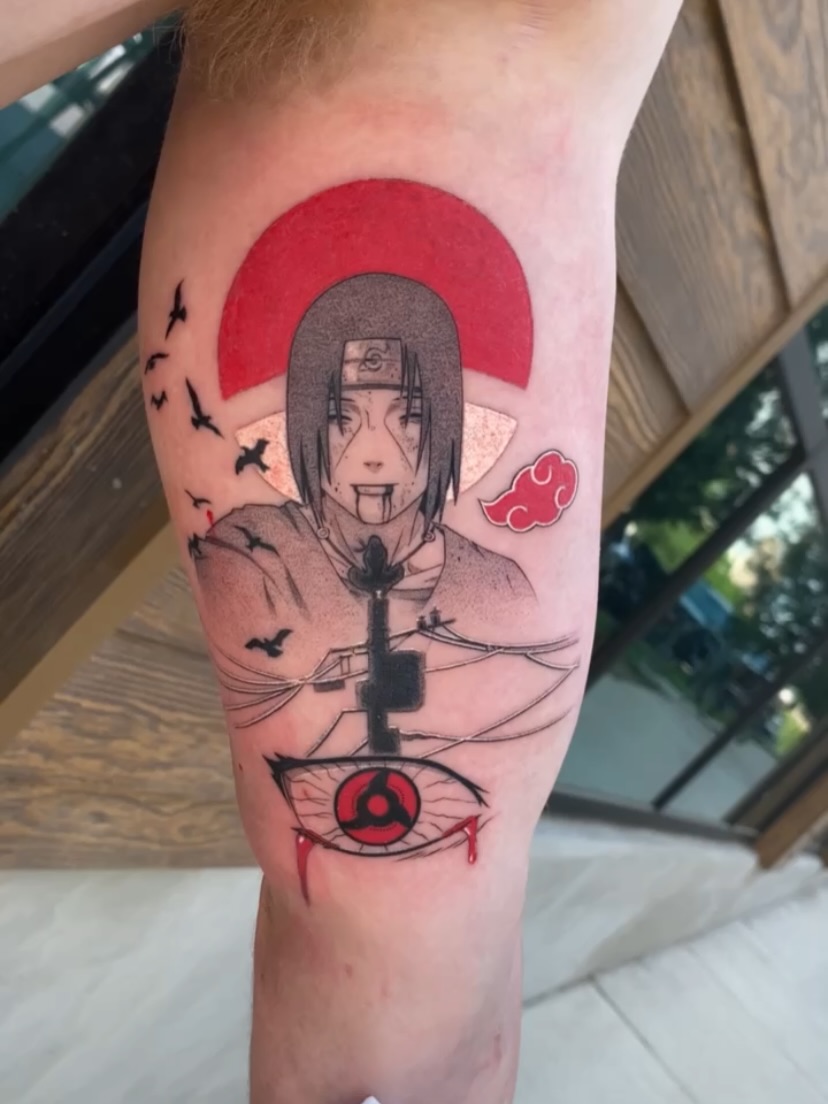 Itachi Uchiha anime tattoo on the thigh by Dan Sprague