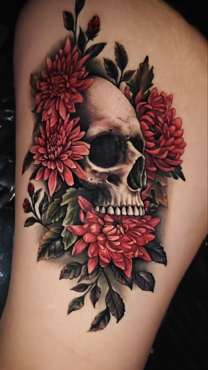 Skull with flowers realism tattoo by Dallas Tattoo Artist Erik Espinoza