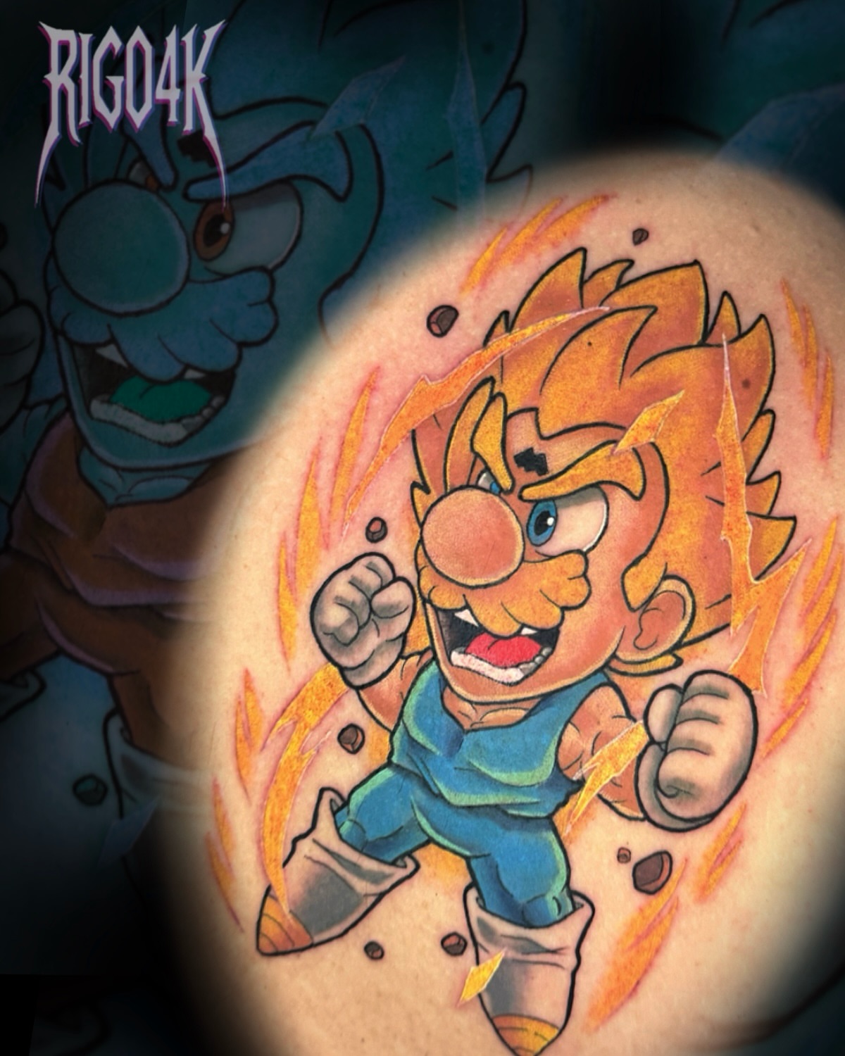 Flame-wielding character new school tattoo on the torso by Rigo4k
