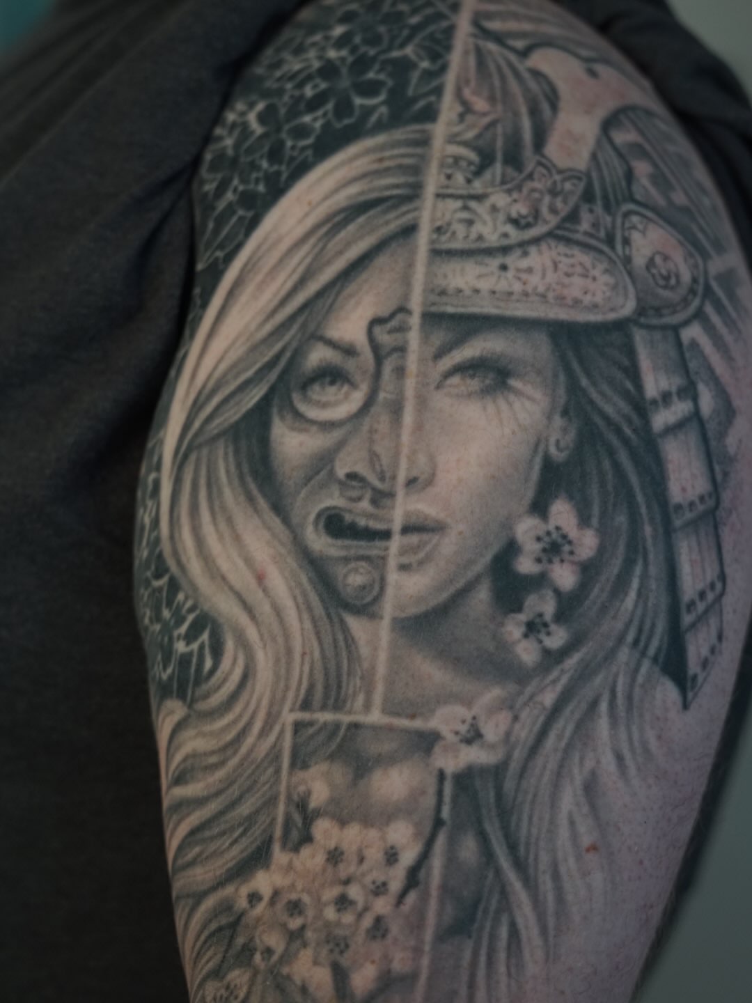 Woman with sword realism tattoo on the shoulder by Luisd_art, Charlotte, North Carolina