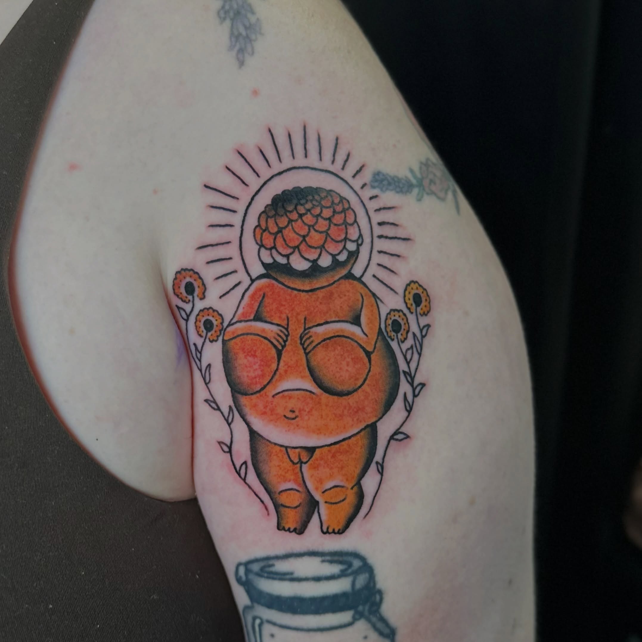 Meditative figure neo-traditional tattoo on the thigh by Tyyler Santor (Tattoo Artist), Somerville, Massachusetts