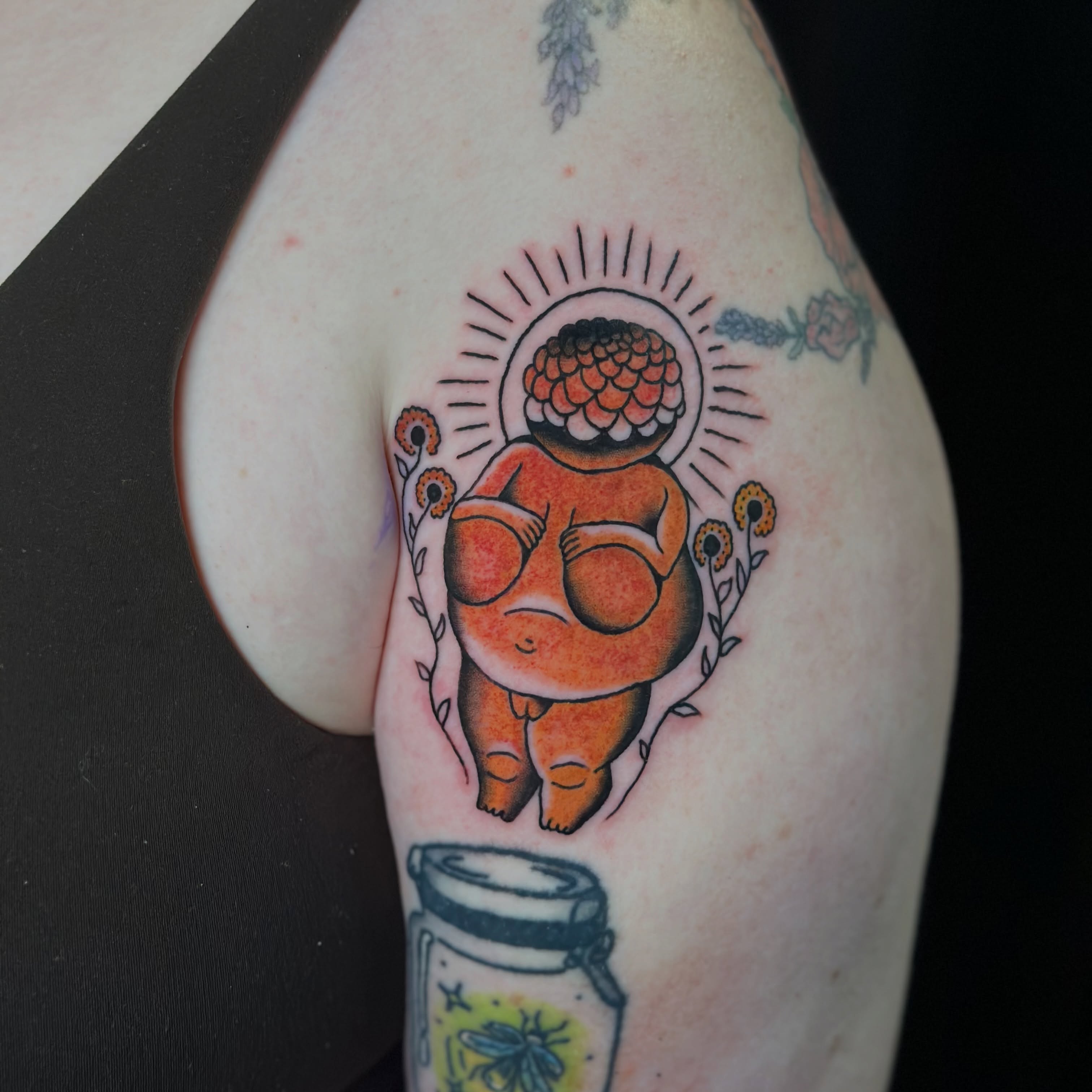 Pregnant figure new school tattoo on the thigh by Tyyler Santor (Tattoo Artist), Somerville, Massachusetts
