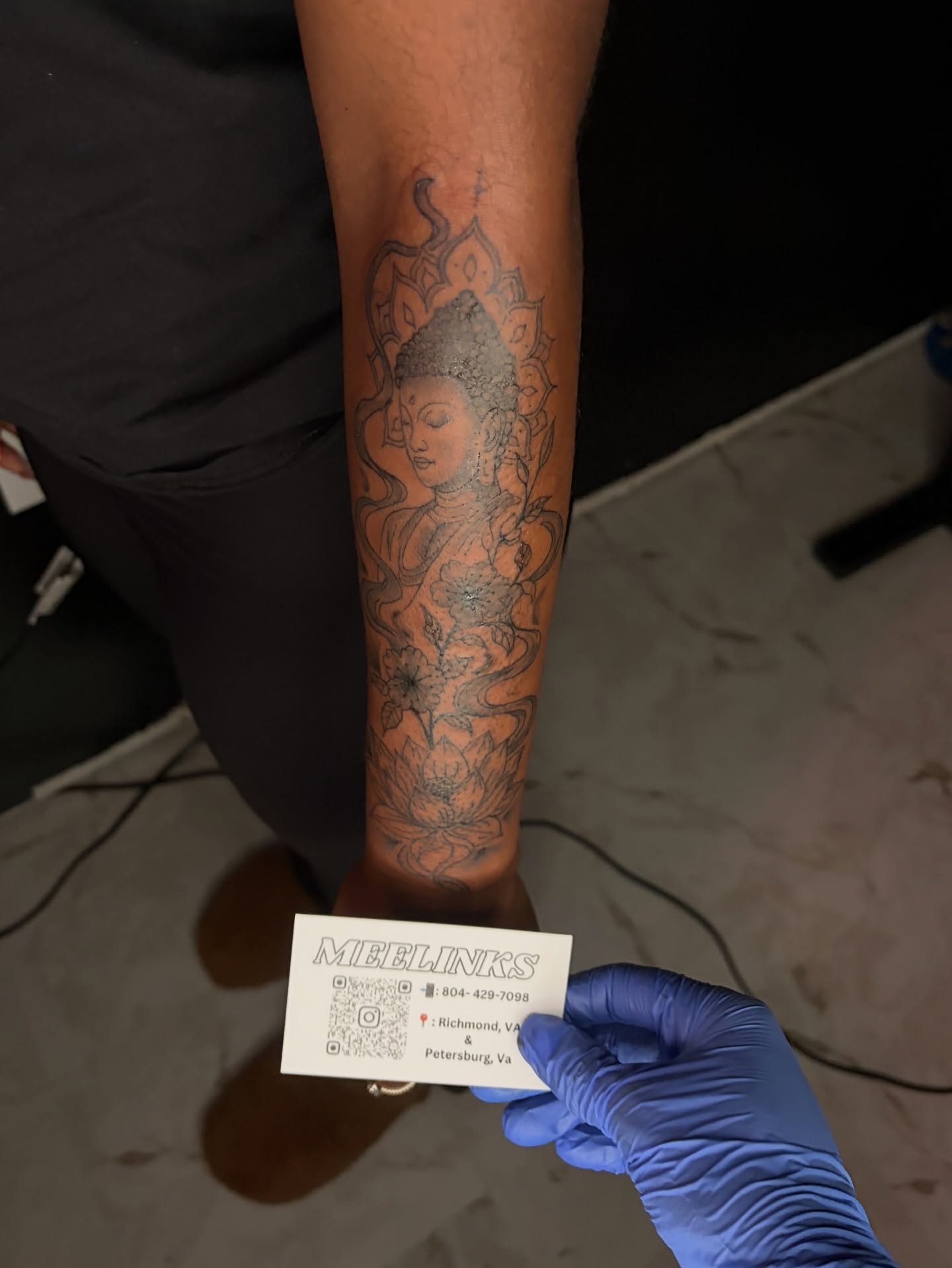 Buddha black and grey tattoo on the forearm by Meela Inks ๐, Richmond, Virginia