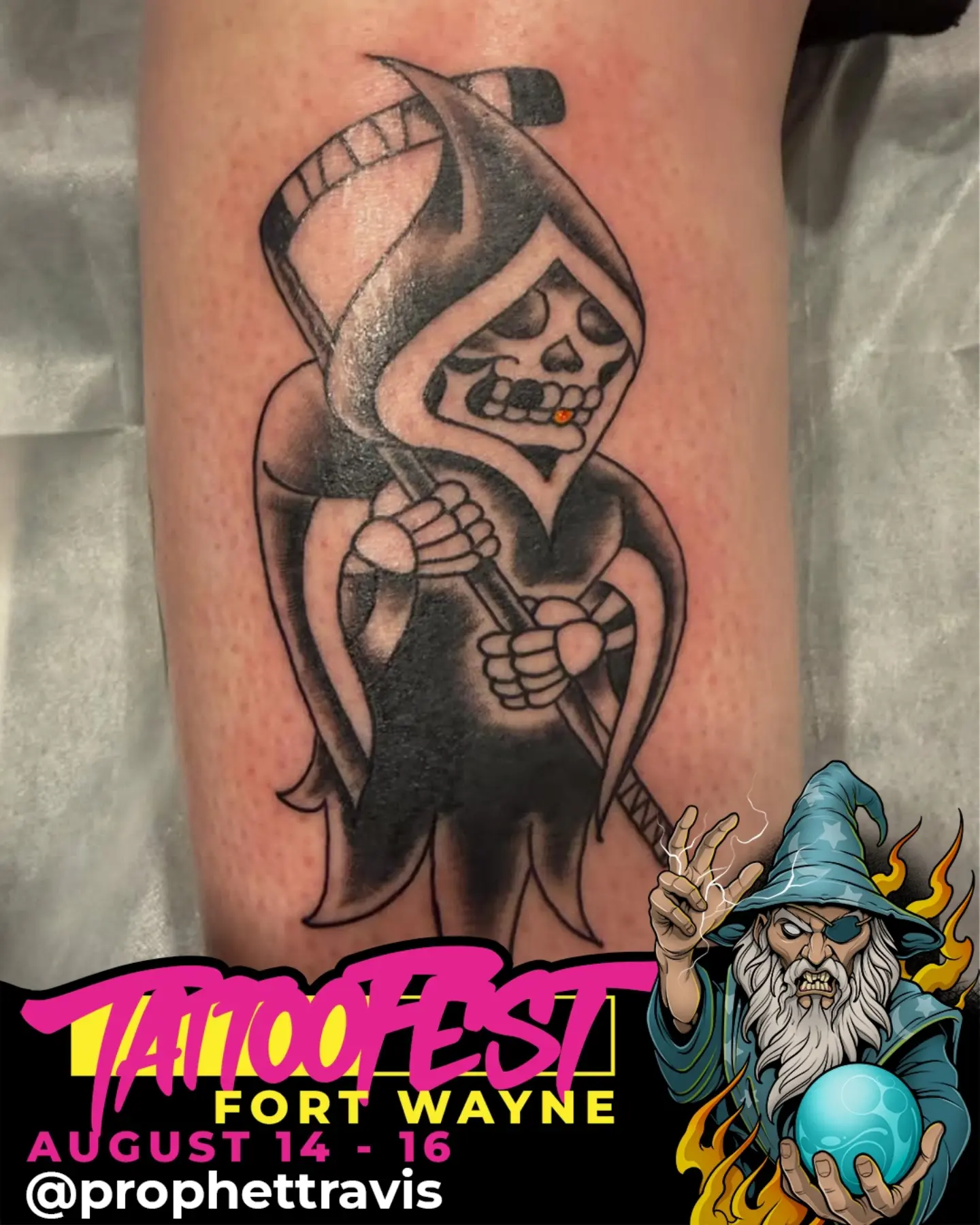 Grim reaper black and grey tattoo on the forearm by P R O P H e T T R A V I S