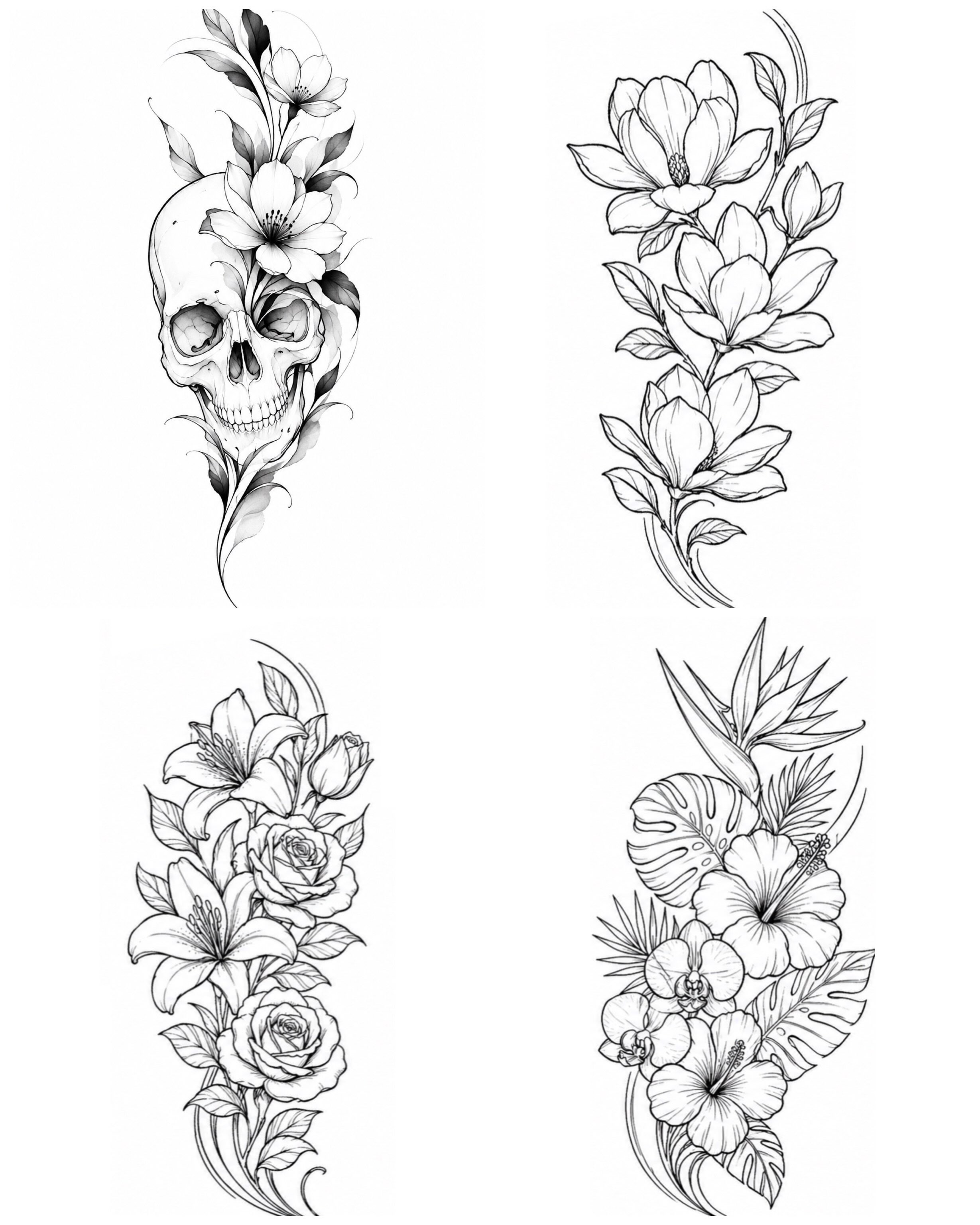 Floral arrangement black and grey tattoo by Chris Adkins Tattoos, Chattanooga, Tennessee
