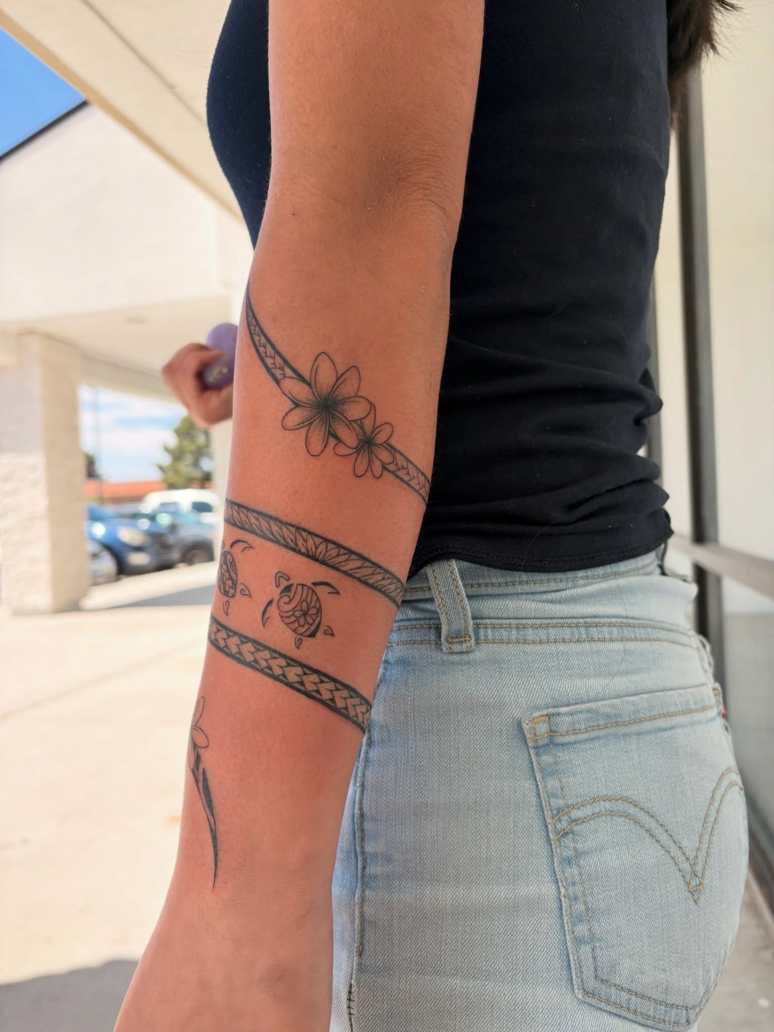 Floral and turtle black and grey tattoo on the forearm by tati 🇬🇺🇵🇭