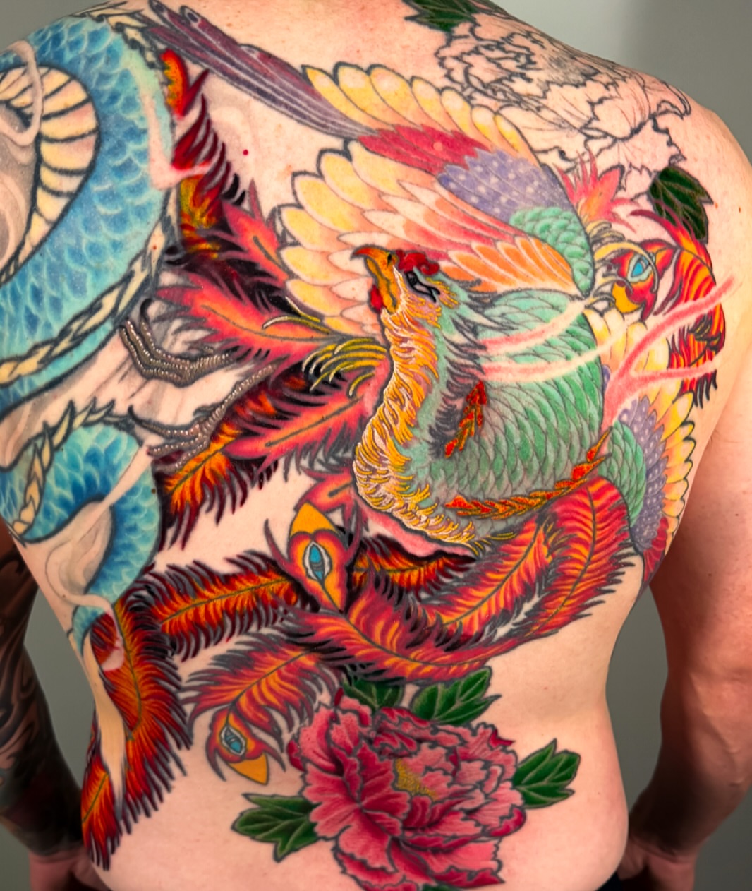Phoenix and dragon japanese irezumi tattoo on the back by Eric James, Phoenix, Arizona