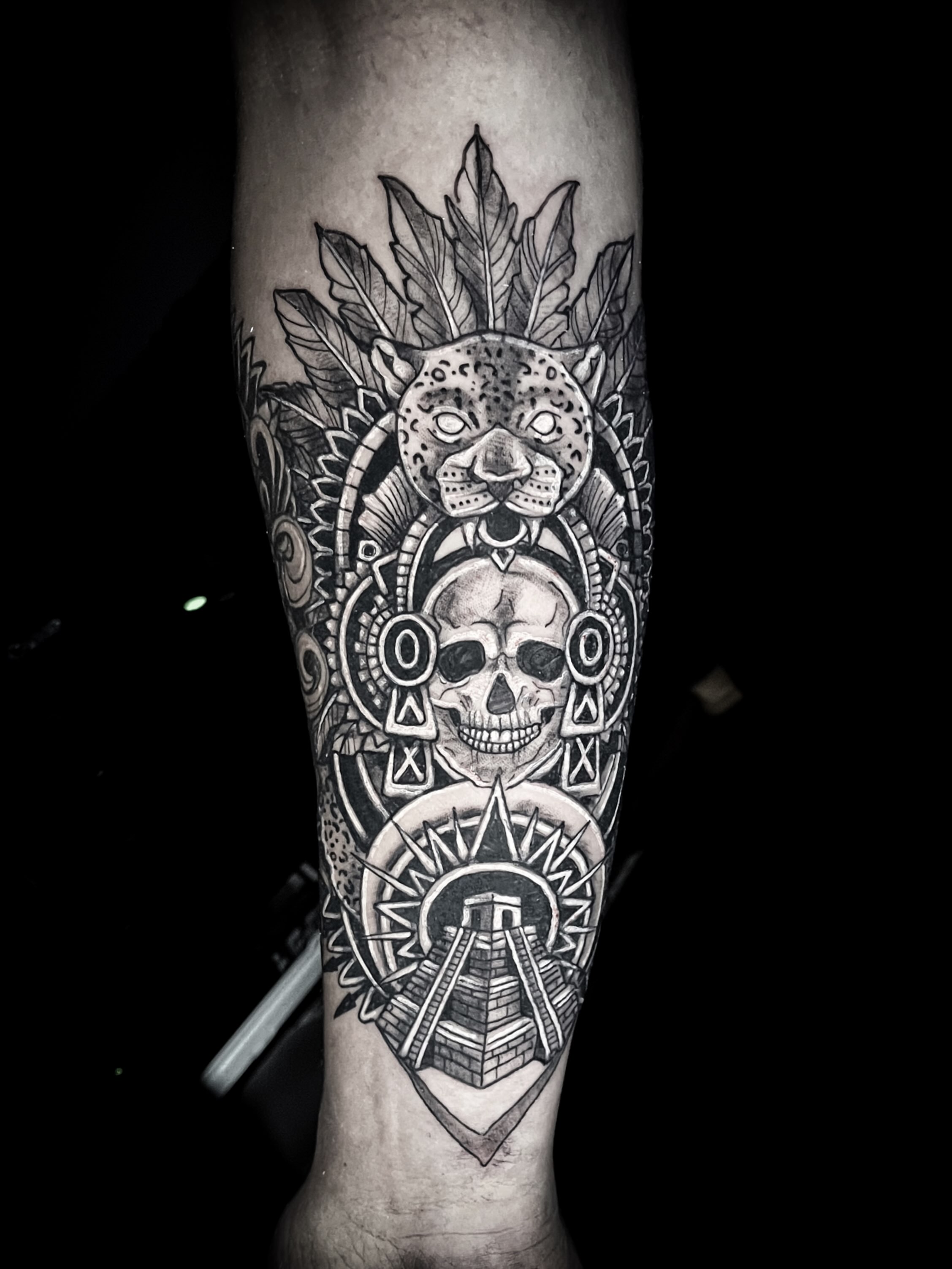 Jaguar and skull geometric tattoo on the forearm by Lindsay Fernandez, Colorado Springs, Colorado