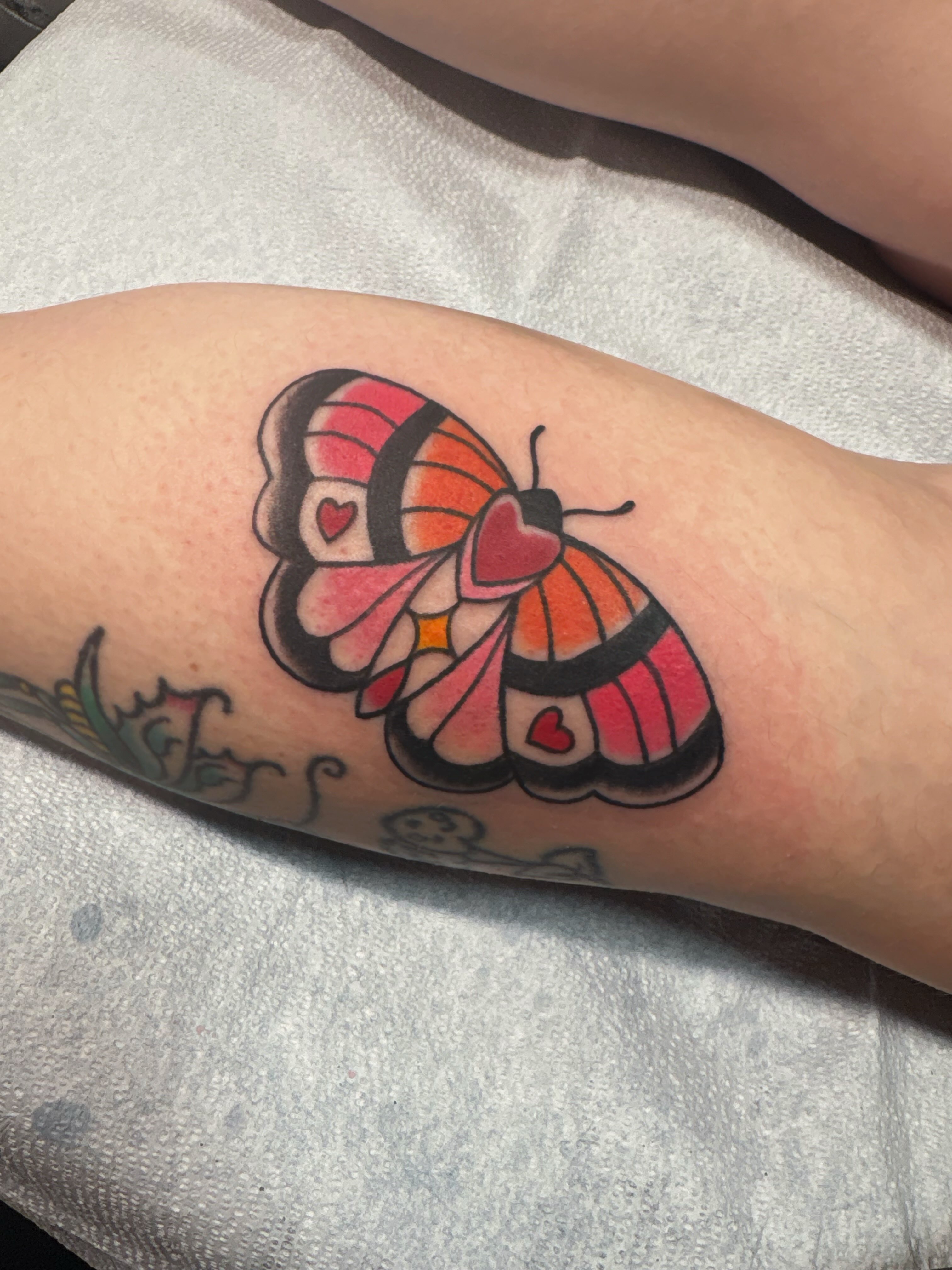Butterfly American traditional tattoo on the forearm by ♡ Demi ♡