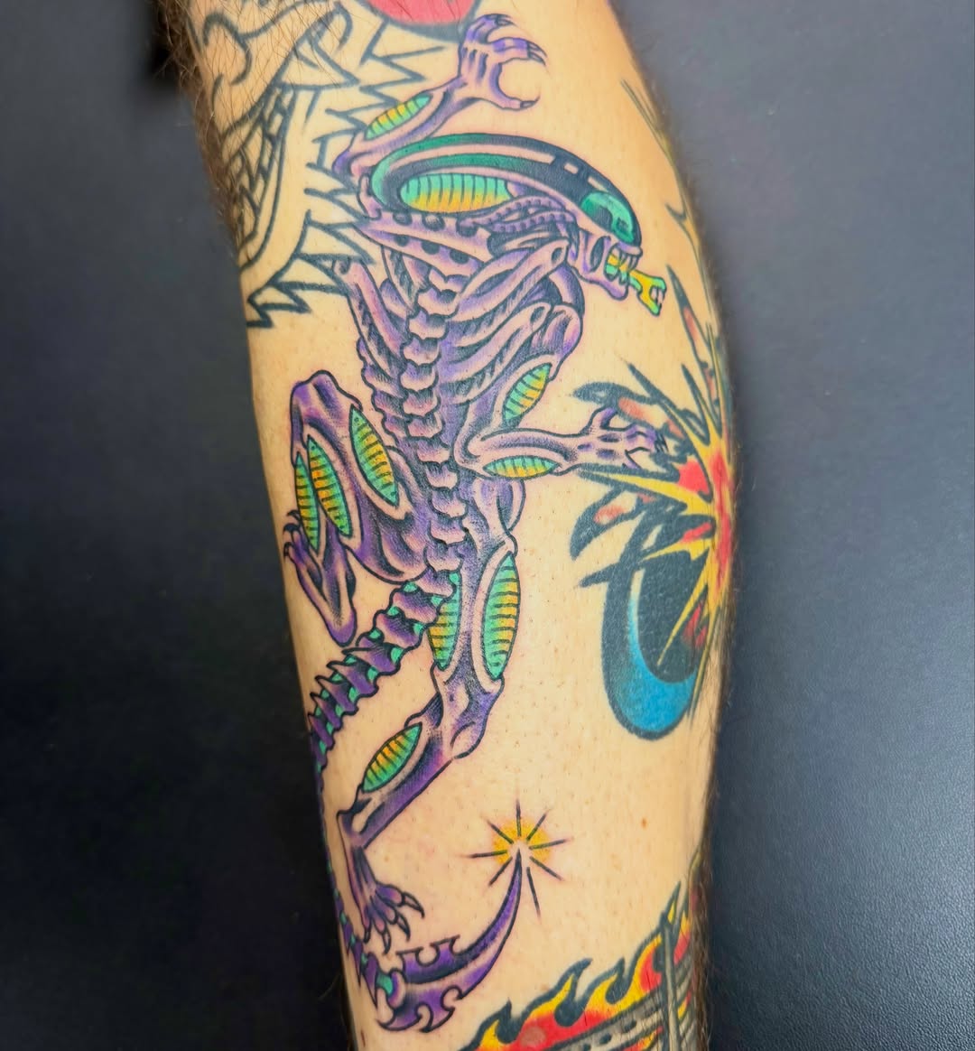 Alien new school tattoo on the forearm by Max mogstad