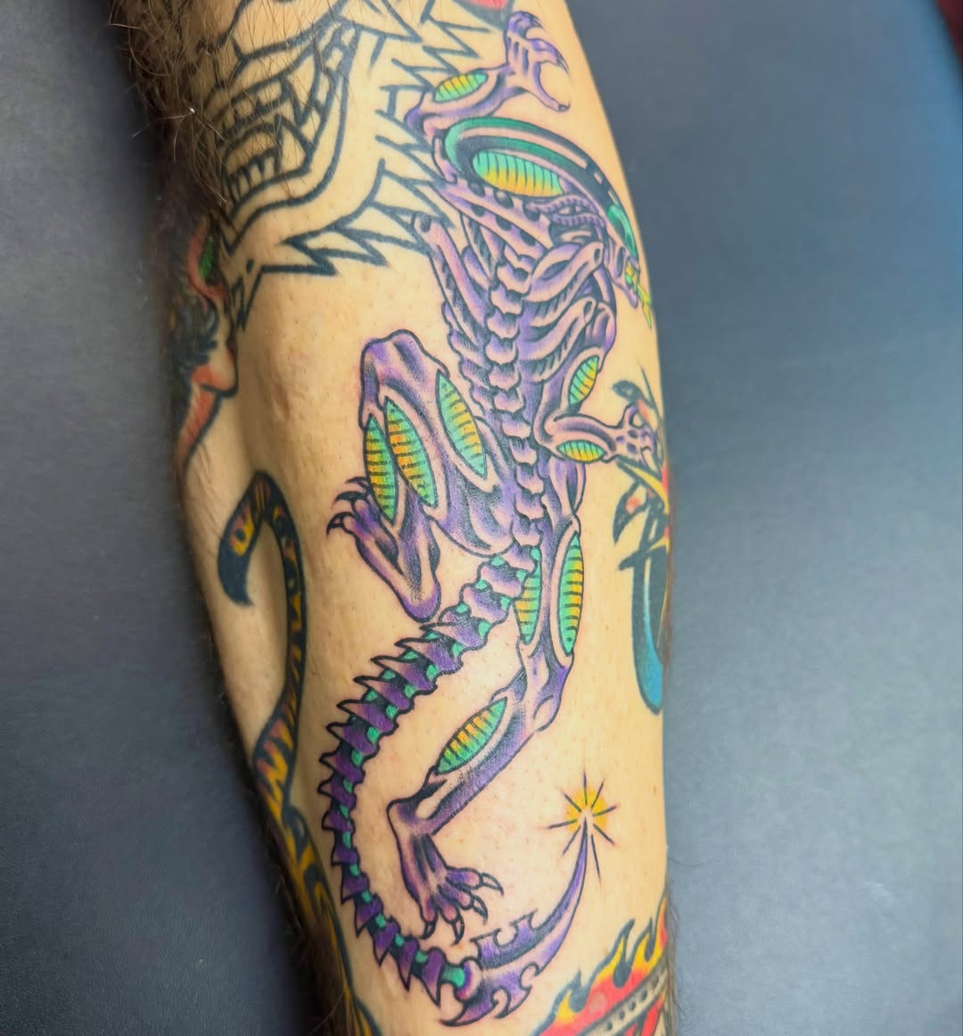 Alien dragon new school tattoo on the forearm by Max mogstad