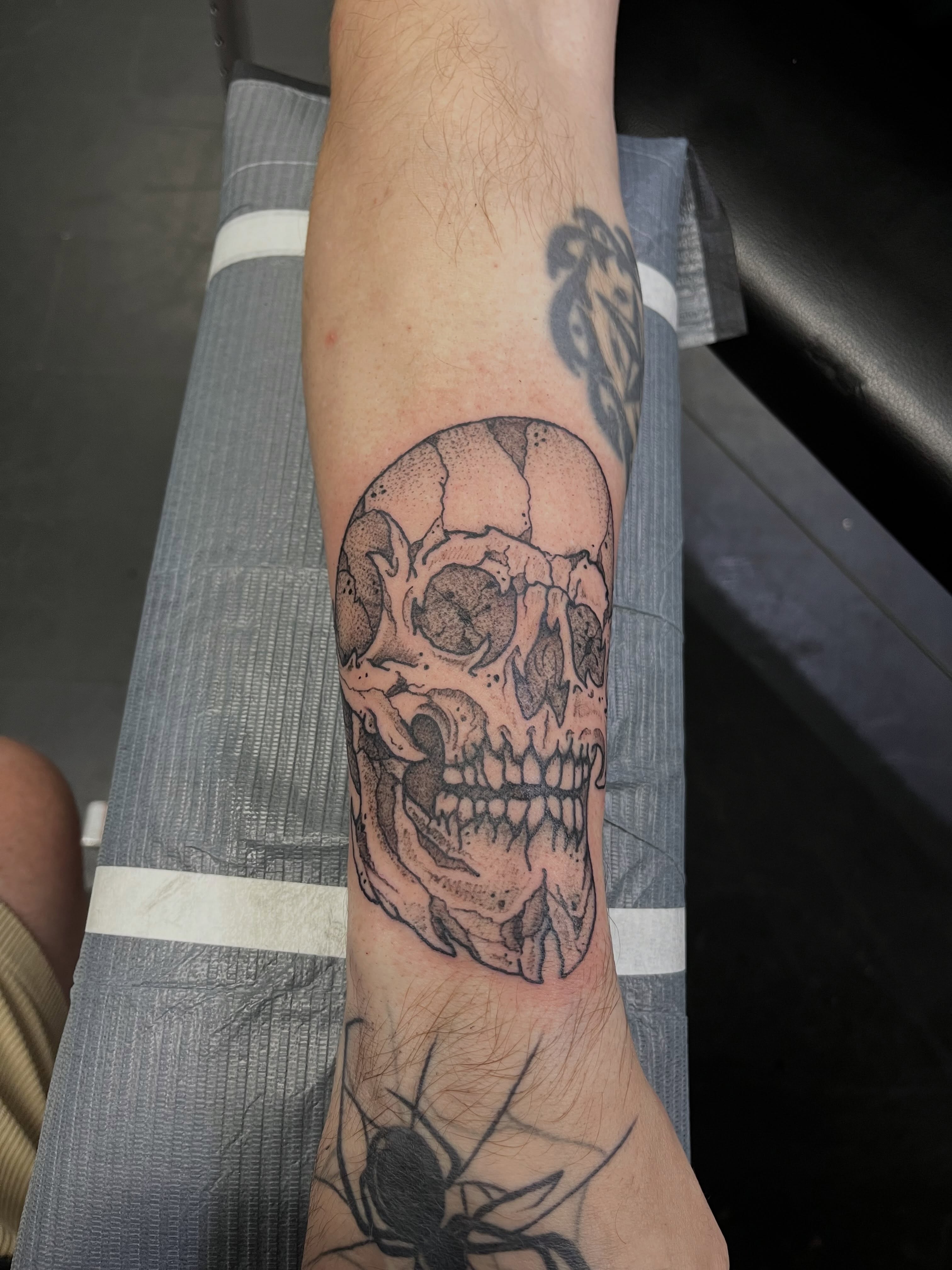 Skull dotwork tattoo on the forearm by CRAIG B⛓️ Cincinnati Tattoo Artist
