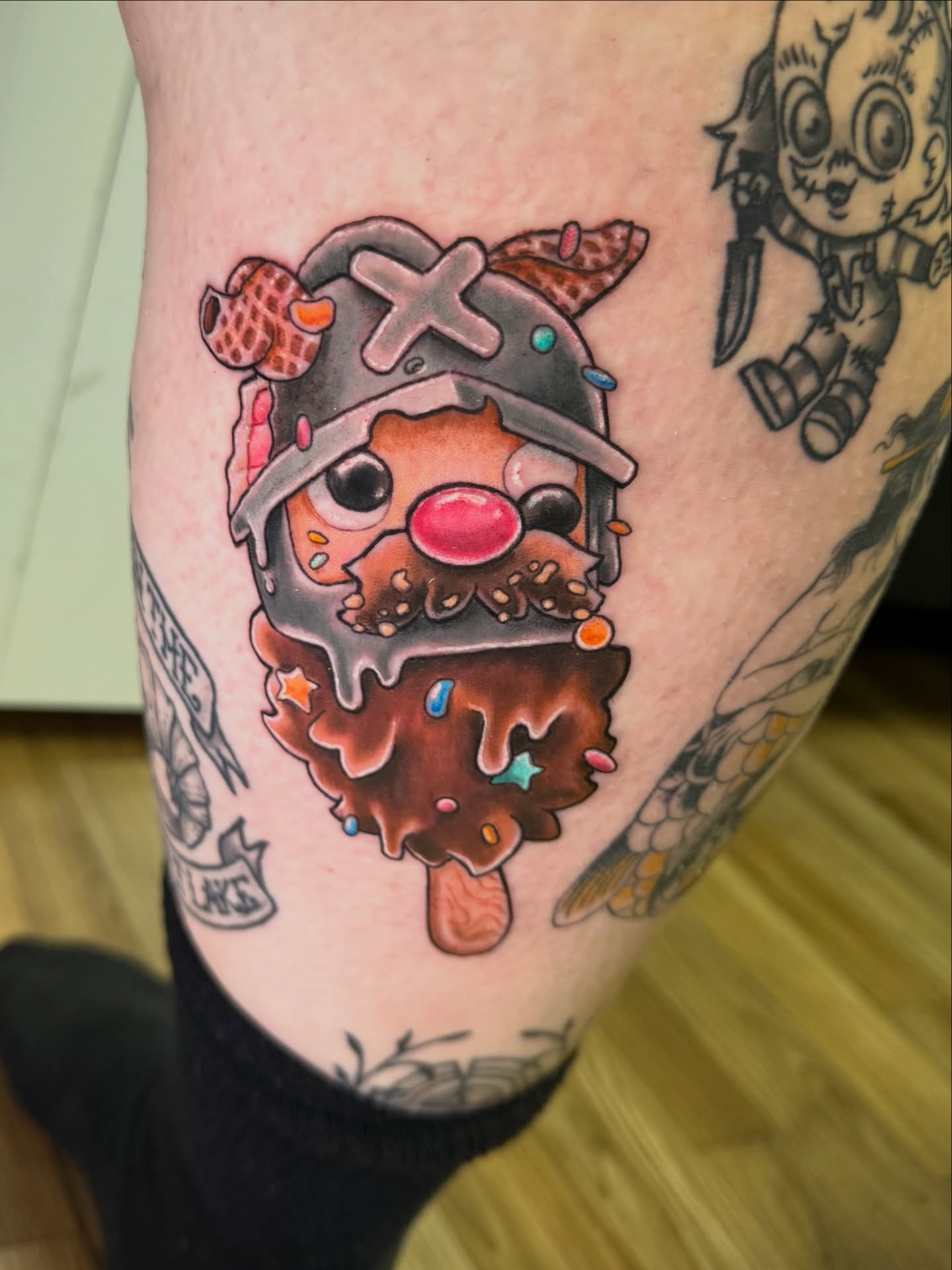 Ice cream clown new school tattoo on the leg by 𝑲𝒂𝒊𝒕 𝑨𝒏𝒅𝒆𝒓𝒔𝒆𝒏