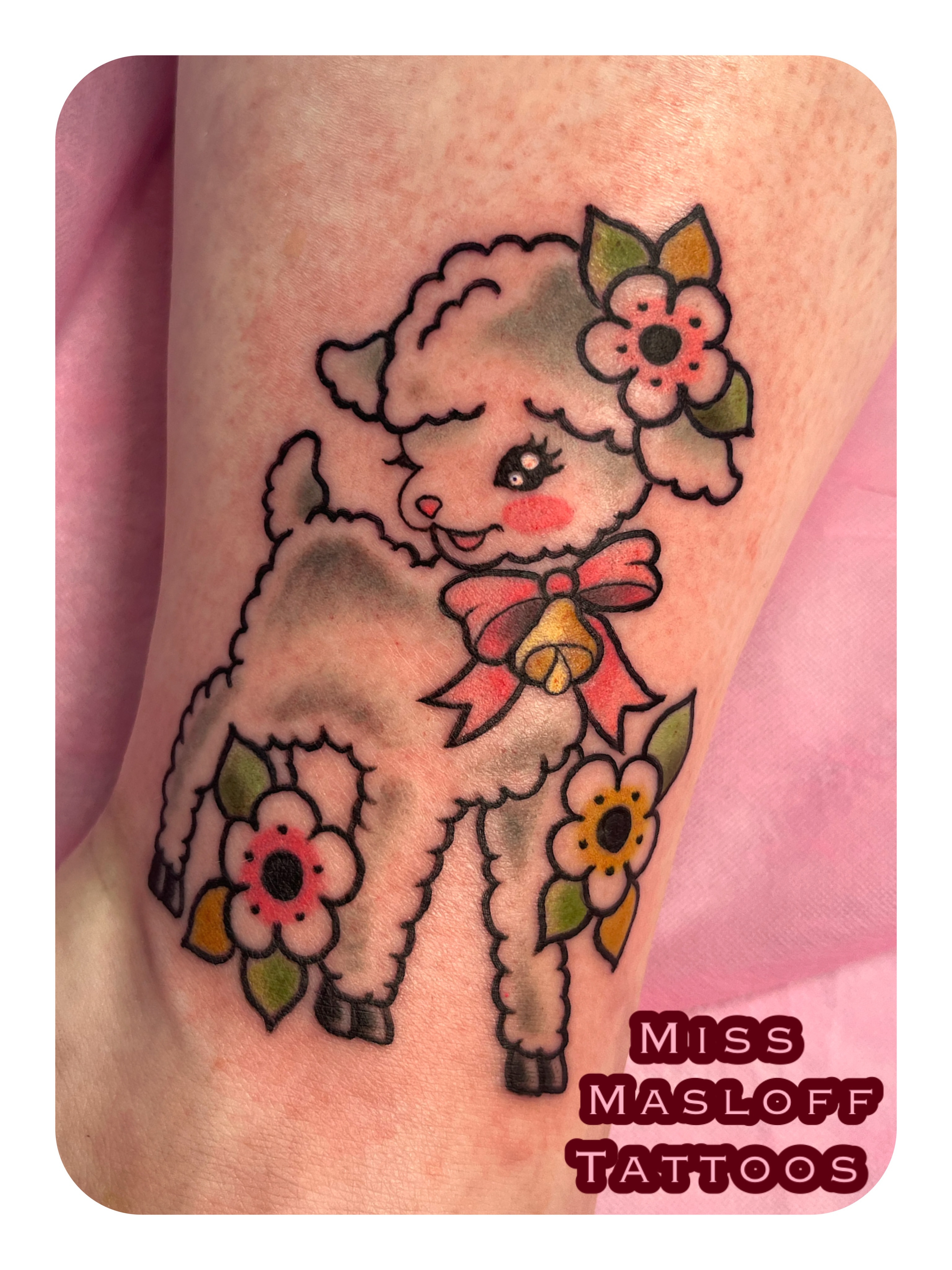Sheep with flowers American traditional tattoo on the forearm by ๐Miss Ash Masloff (Mrs.Waritz)๐