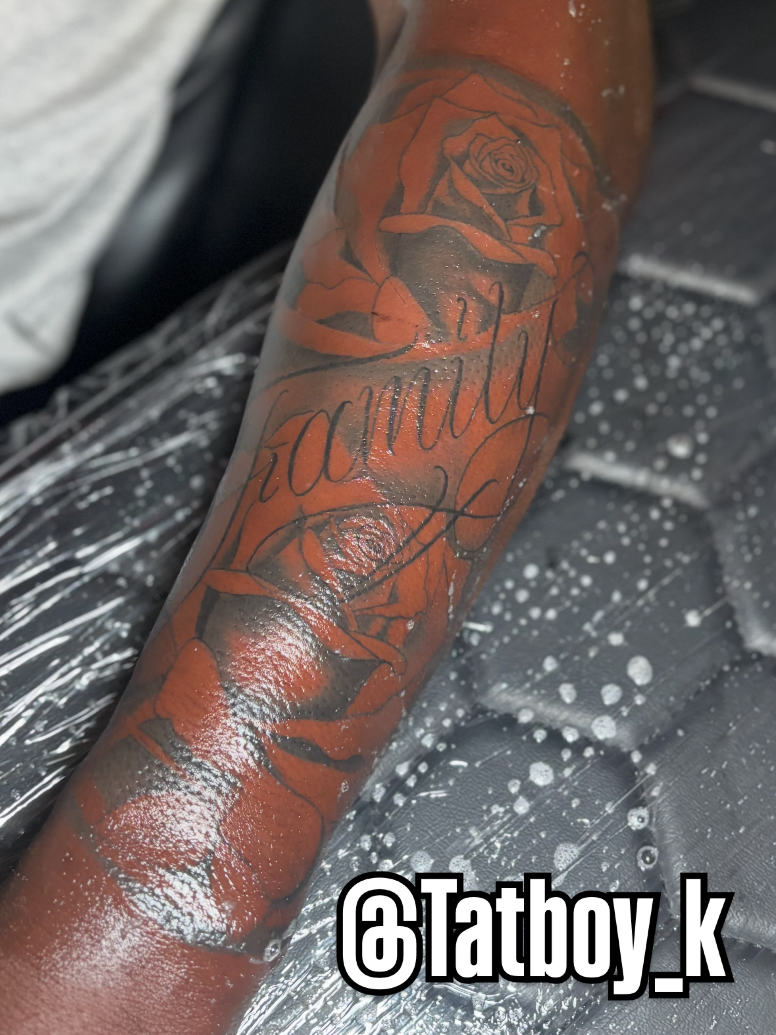Rose and script American traditional tattoo on the forearm by Mr.K