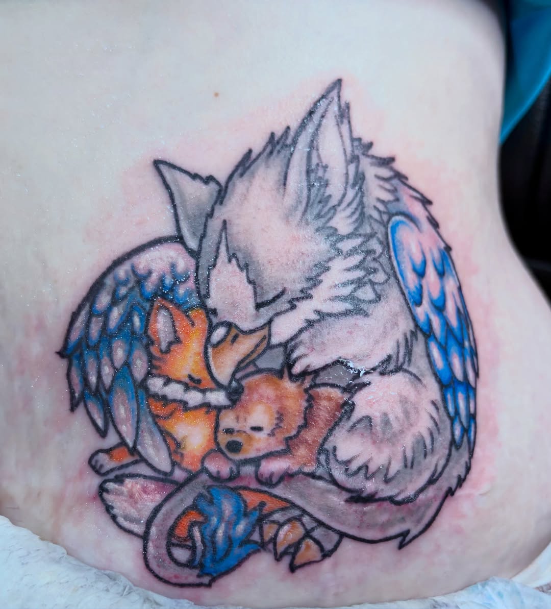 Wolf and foxes dotwork tattoo on the thigh by Josh O’ + Bird ☘️ 🪶
