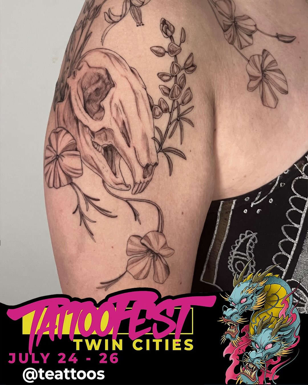 Skull and flowers realism tattoo on the shoulder by Sierra Skye