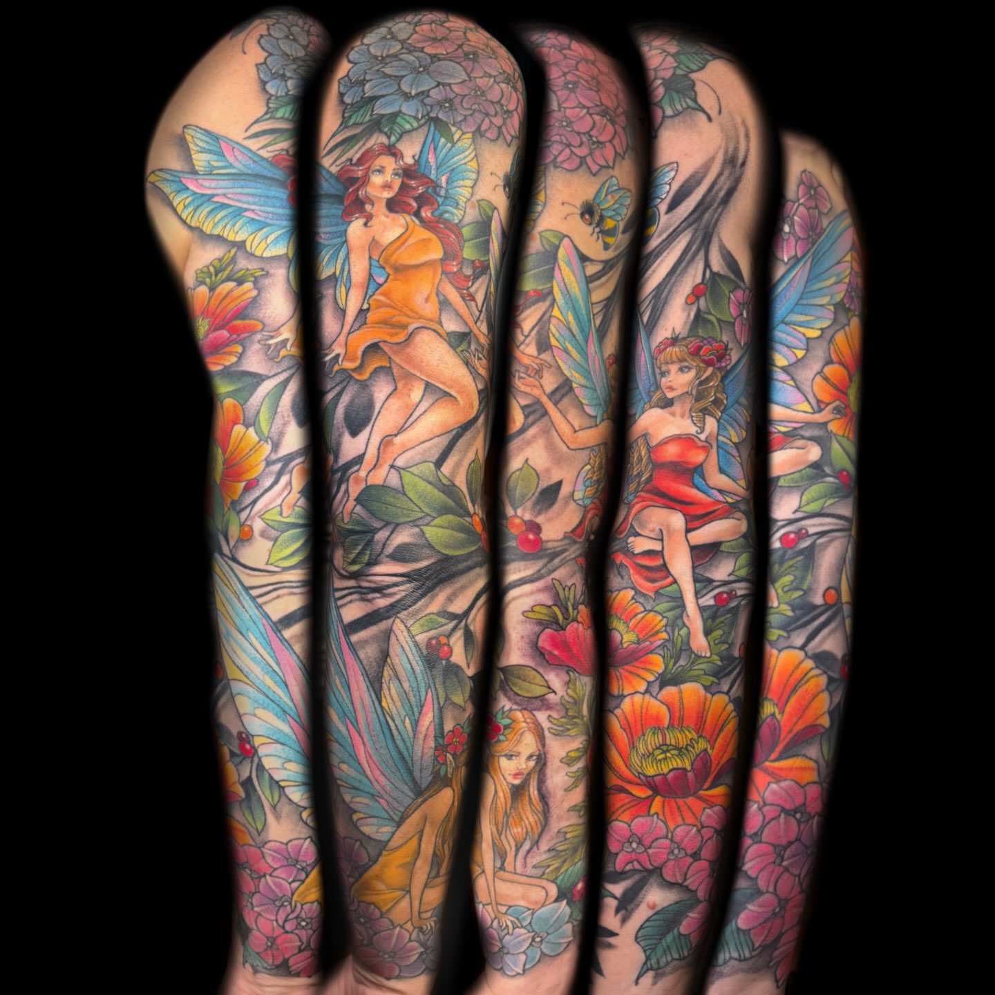 Fairy and floral American traditional tattoo on the forearm by Kelsea Weir McCree