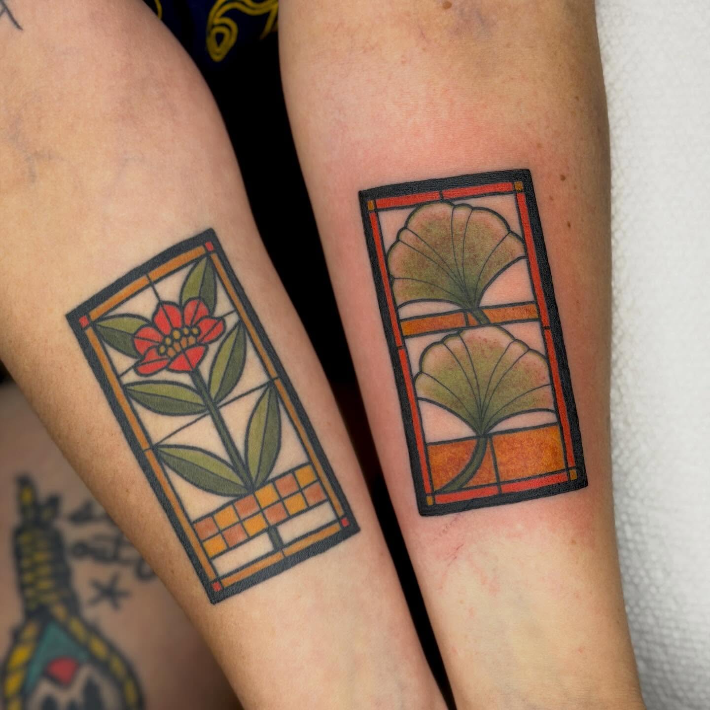Stained glass window geometric tattoo on the forearm by Jenna Szerszen-Wynn ๐