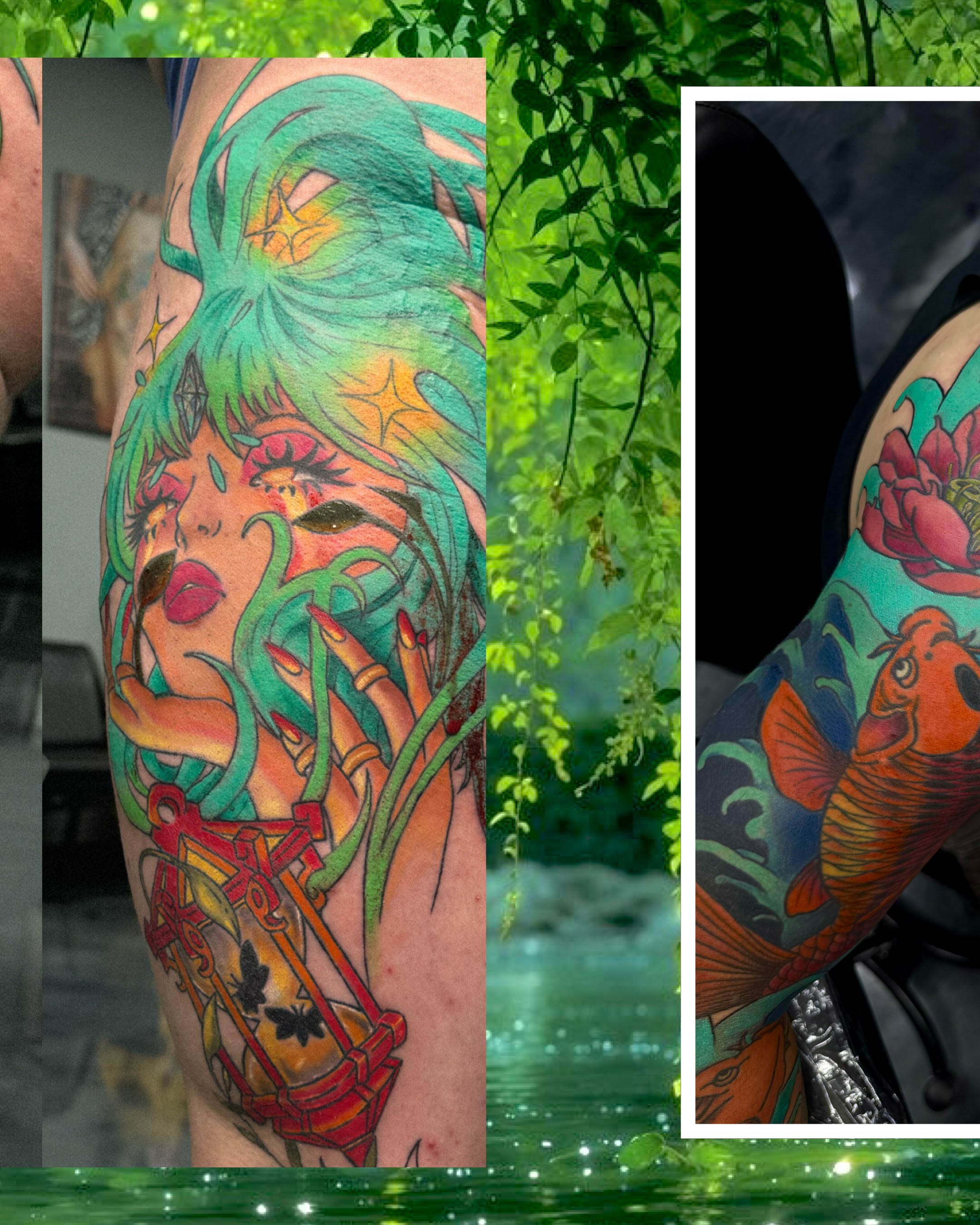 Woman with fish new school tattoo on the upper arm by Marie Amor🌙