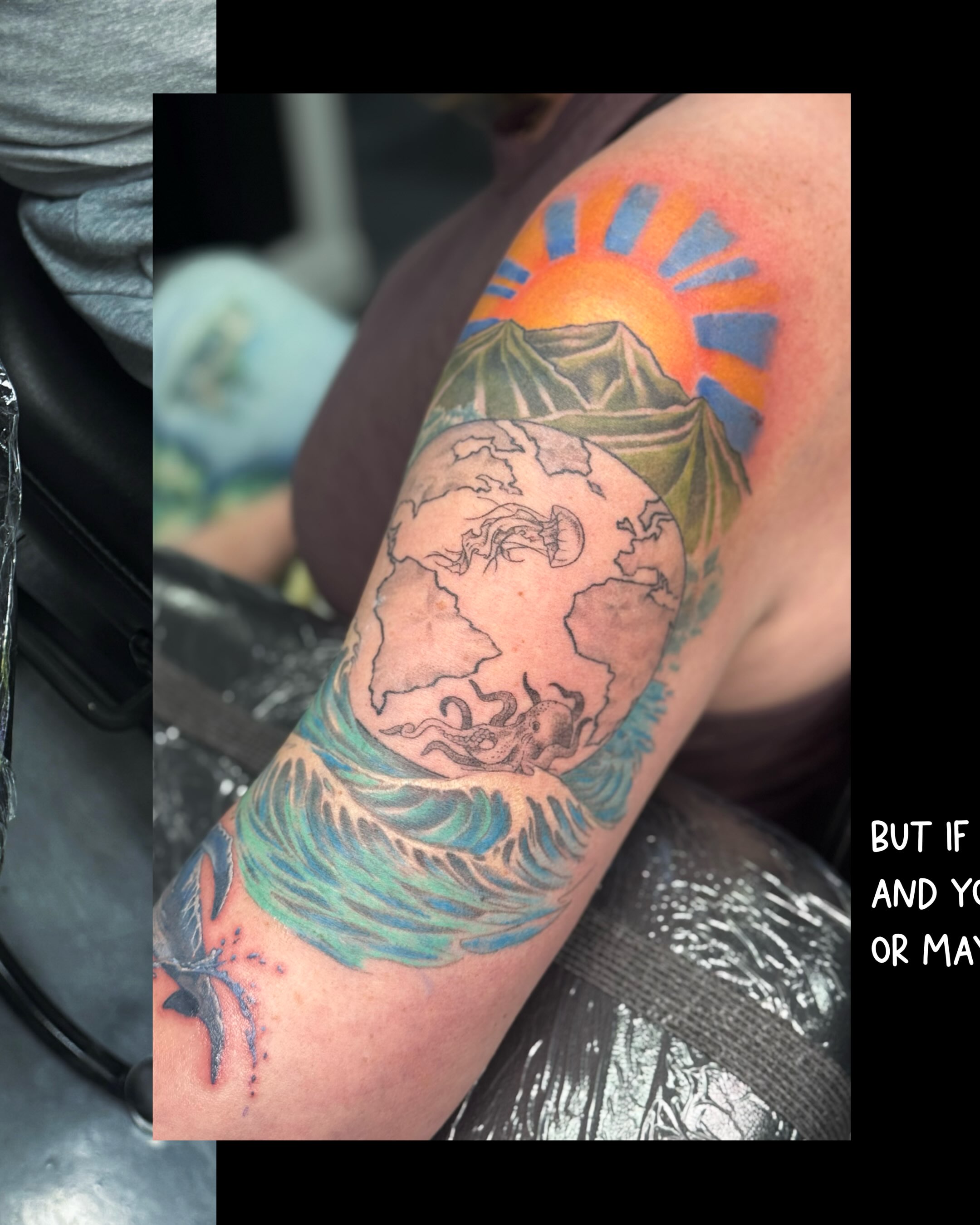 World map with sun and waves realism tattoo on the forearm by Marie Amor🌙