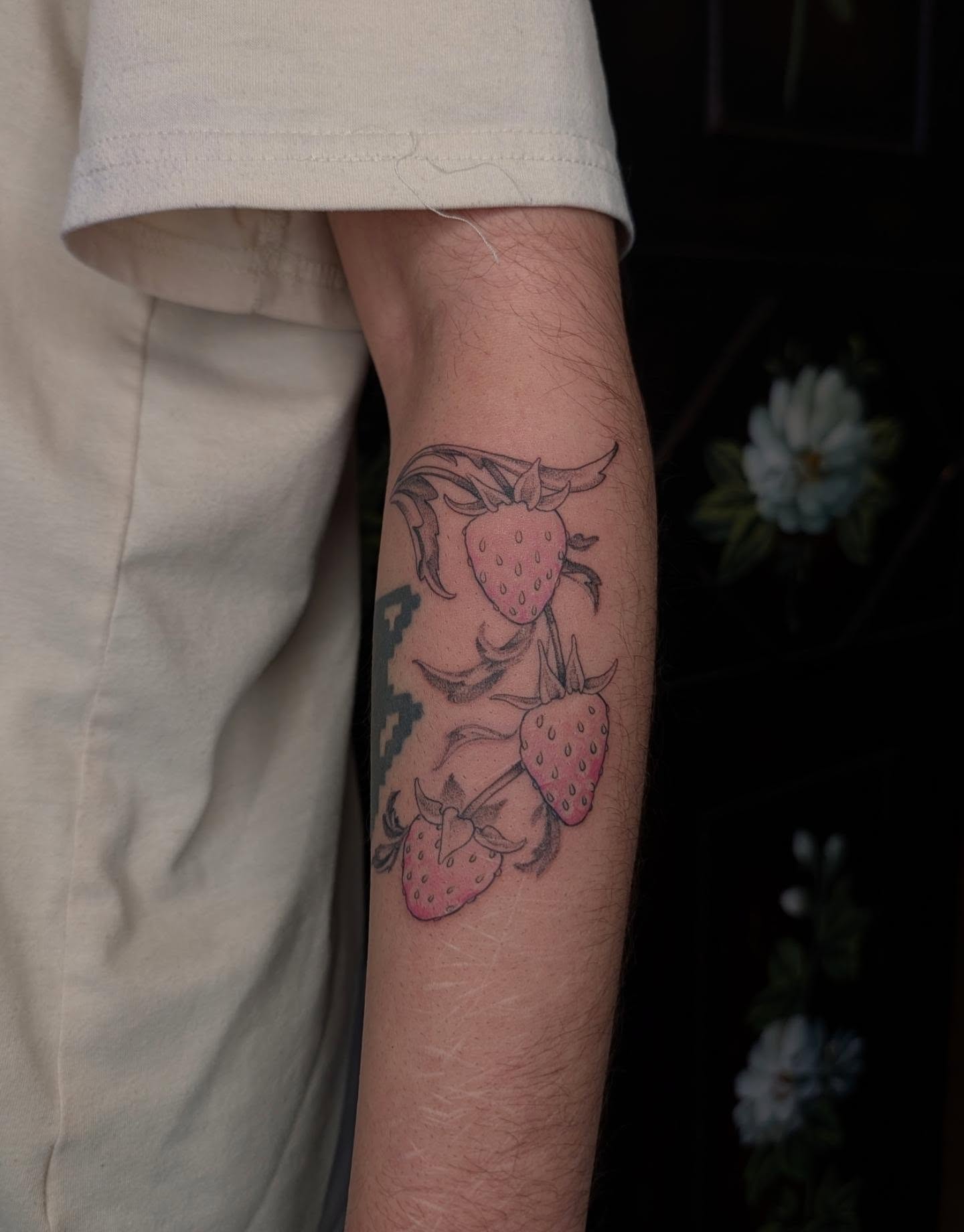 Strawberries realism tattoo on the forearm by Jeanine, Providence, Rhode Island