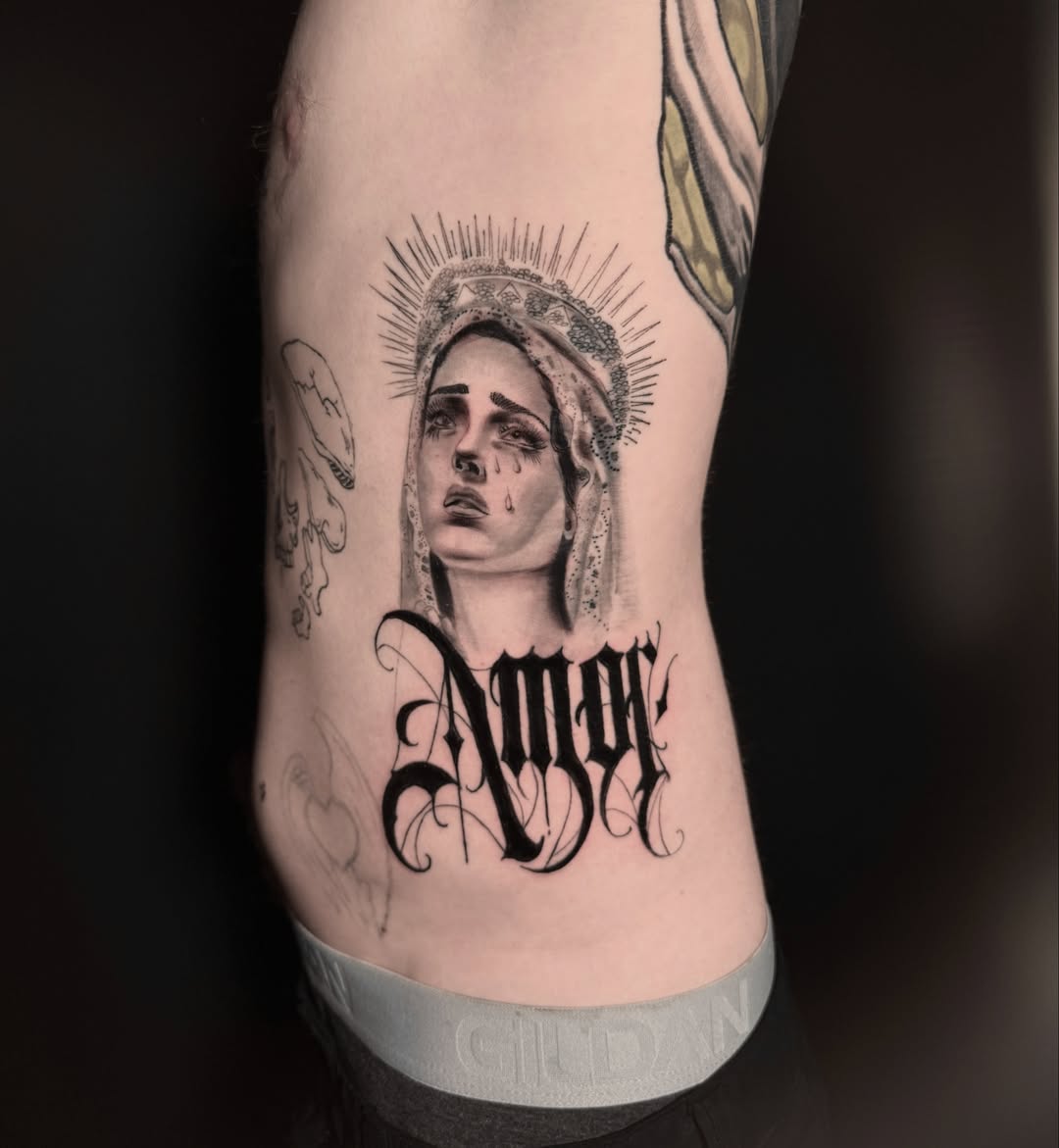 Woman crying realism tattoo on the thigh by Alex Cantor