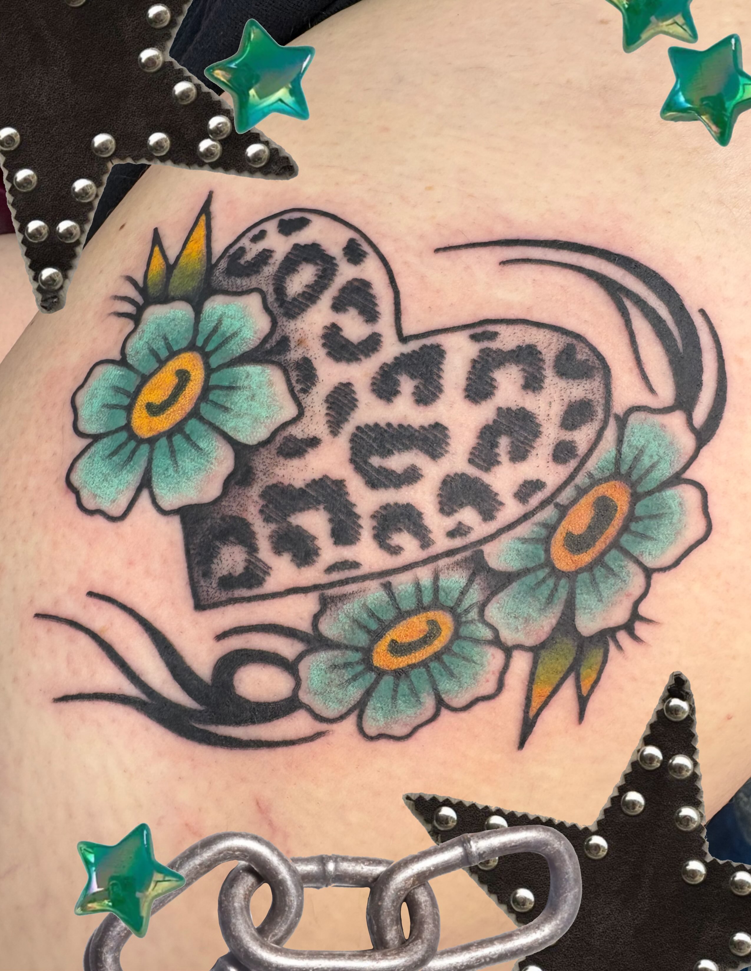 Heart with leopard print American traditional tattoo on the thigh by Abbey Martin, Nashville, Tennessee
