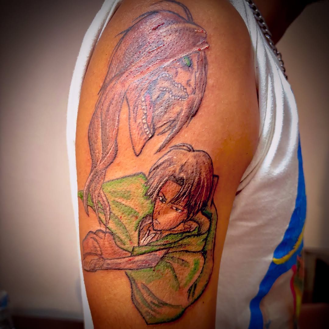 Anime character anime tattoo on the upper arm by Tessahwessah 🧞‍♀️