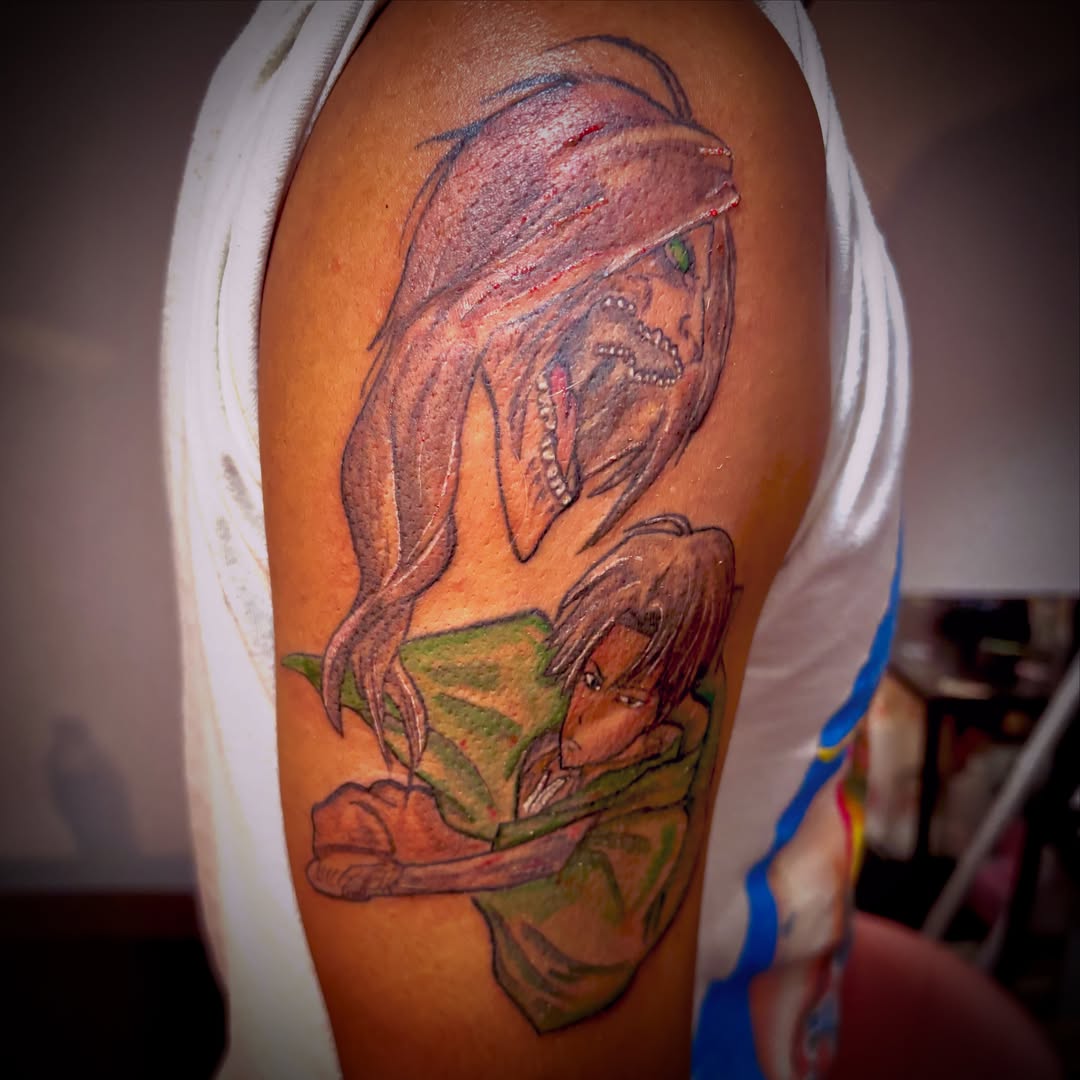 Anime characters anime tattoo on the upper arm by Tessahwessah 🧞‍♀️