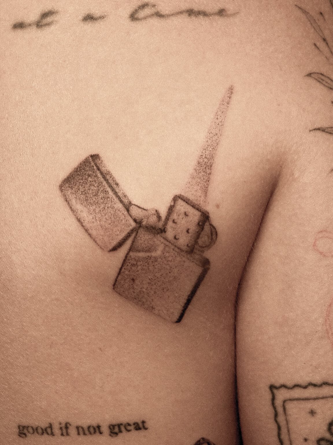 Lighter black and grey tattoo on the chest by ๐๐, Tacoma, Washington