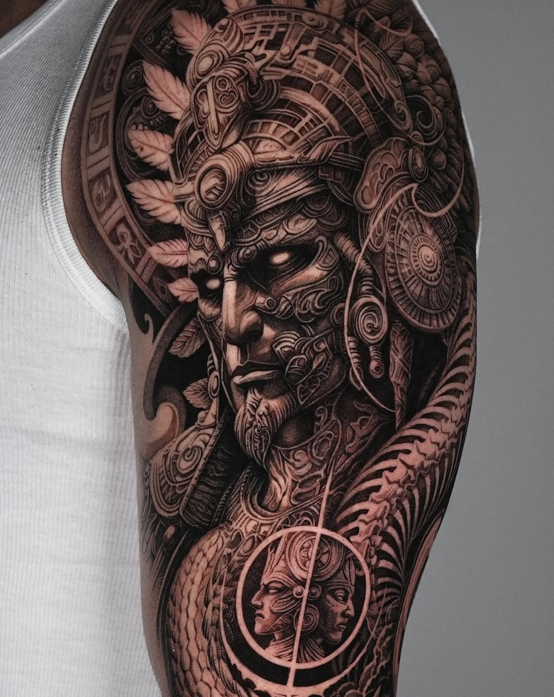 Warrior portrait with geometric elements surrealism tattoo on the forearm by Sumok Kim
