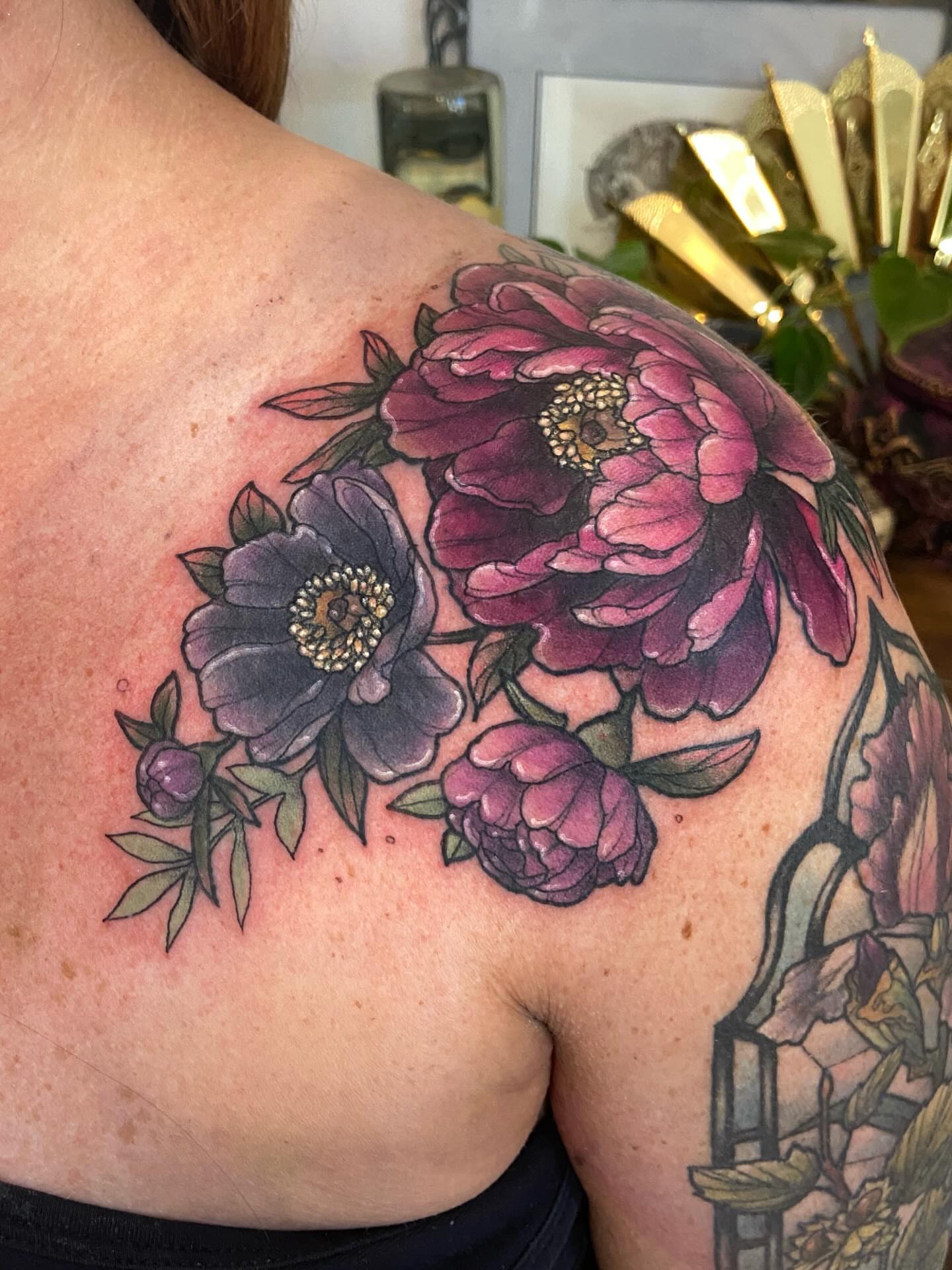 Peonies realism tattoo on the shoulder by Dawn Carr, Richmond, Virginia