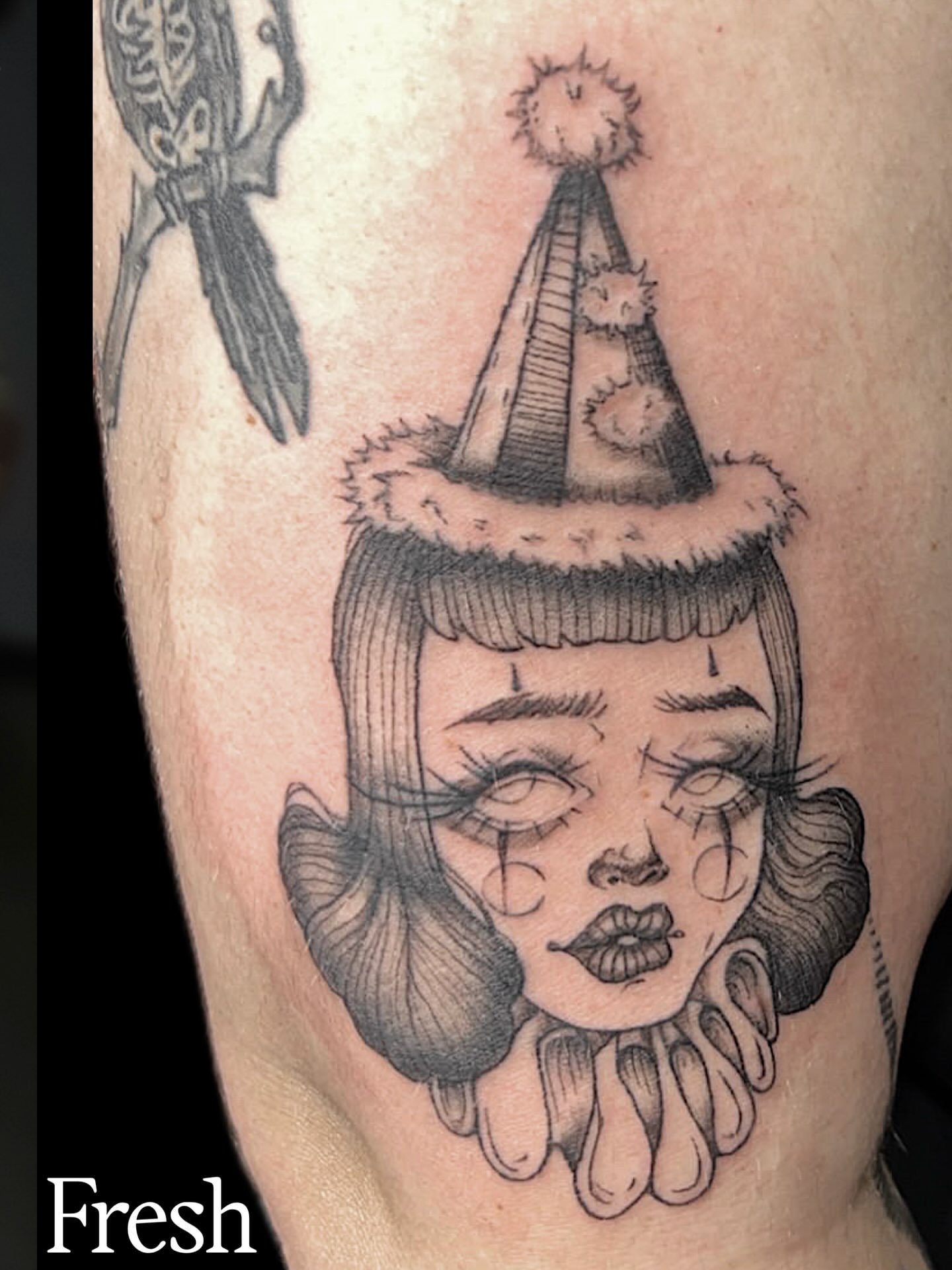 Clown black and grey tattoo on the forearm by Las Vegas Artist π©π½βπ¨