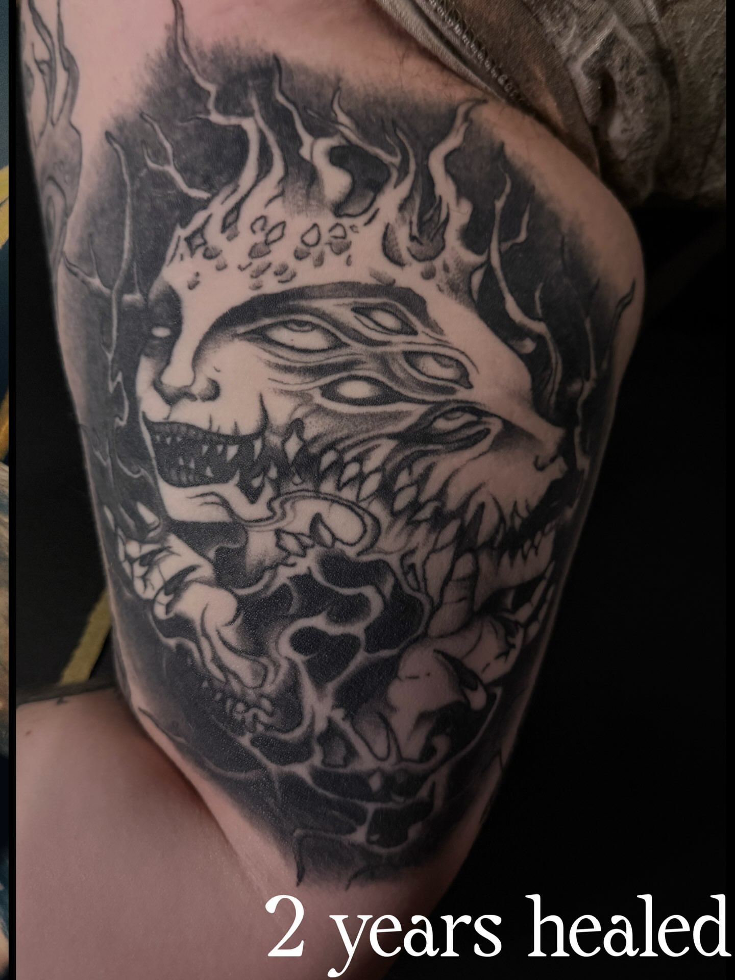 Demon face dark realism tattoo on the thigh by Las Vegas Artist π©π½βπ¨