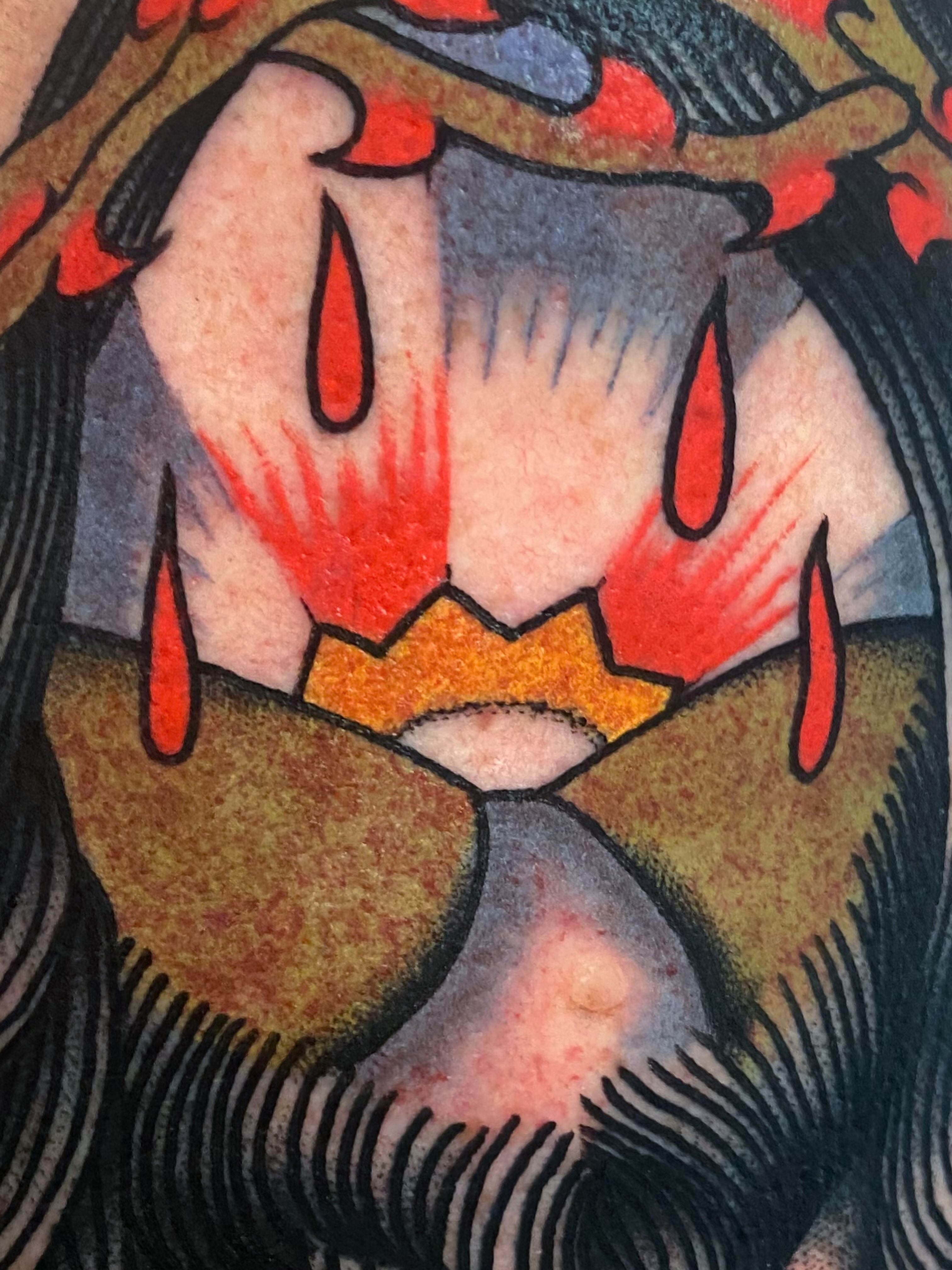 Woman with tears American traditional tattoo on the head by Jaclin Grace Hastings