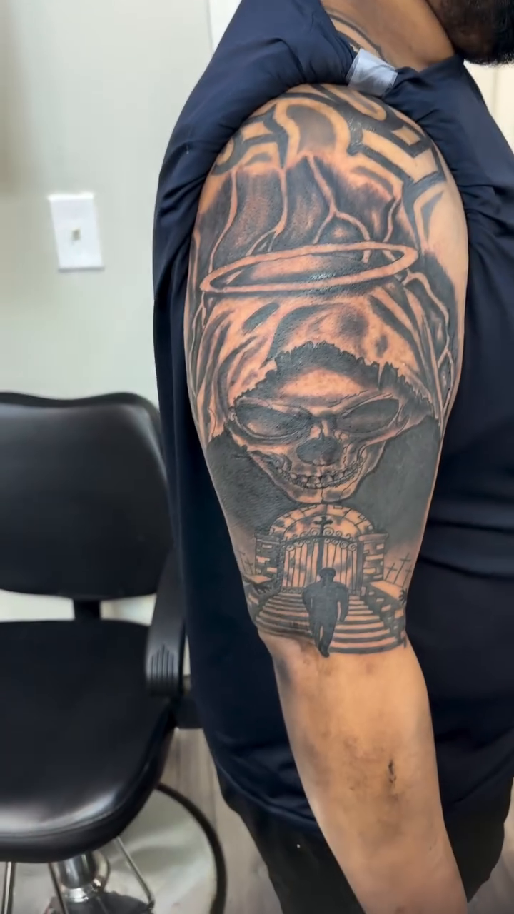 Tattoo by @i_am_tattoo — dark_realism, black_and_grey