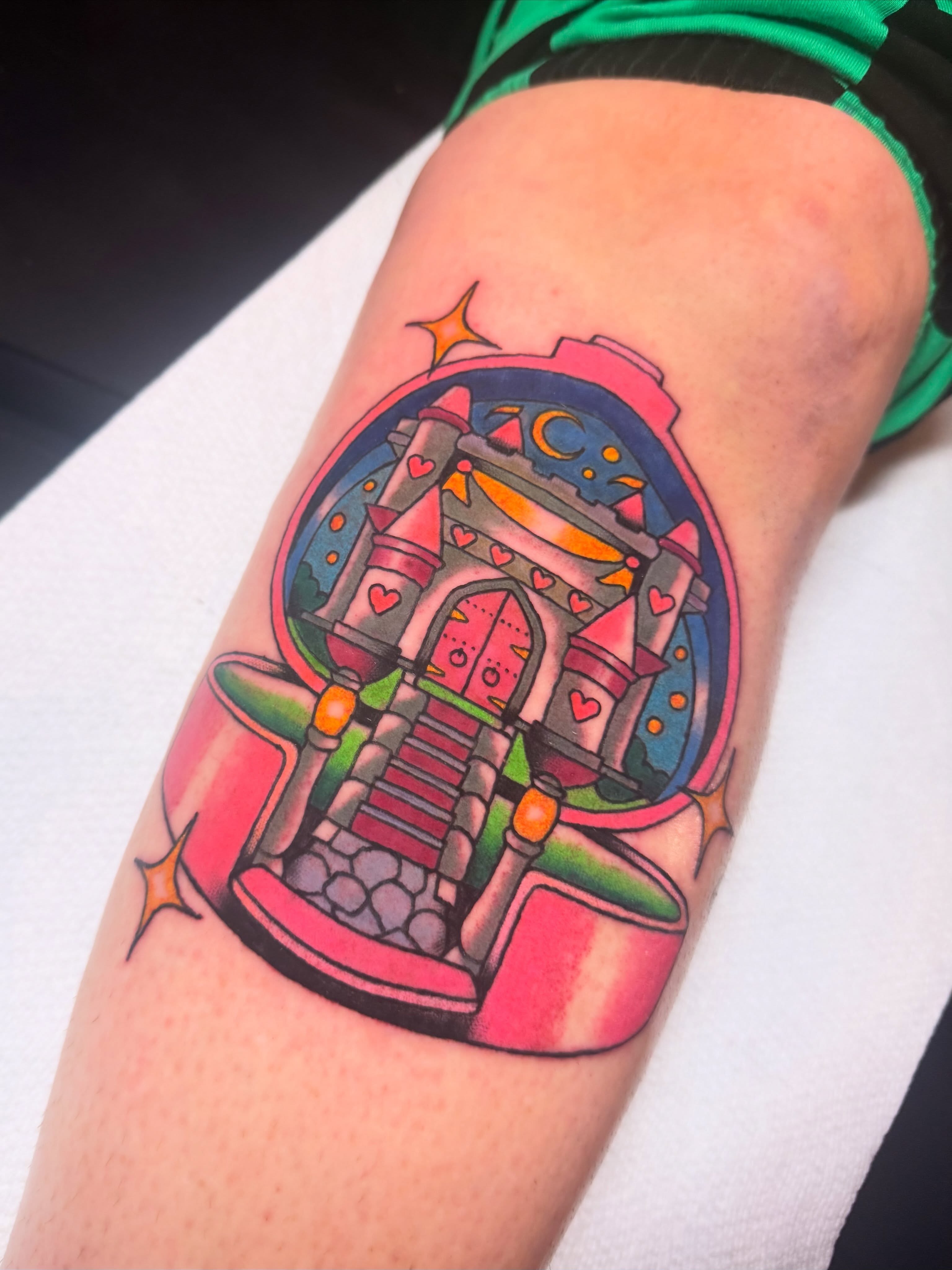Castle American traditional tattoo on the forearm by Shelby